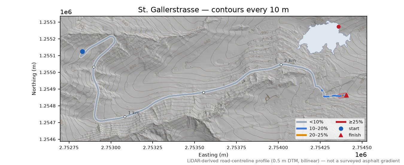 St. Gallerstrasse LiDAR hillshade map with contours