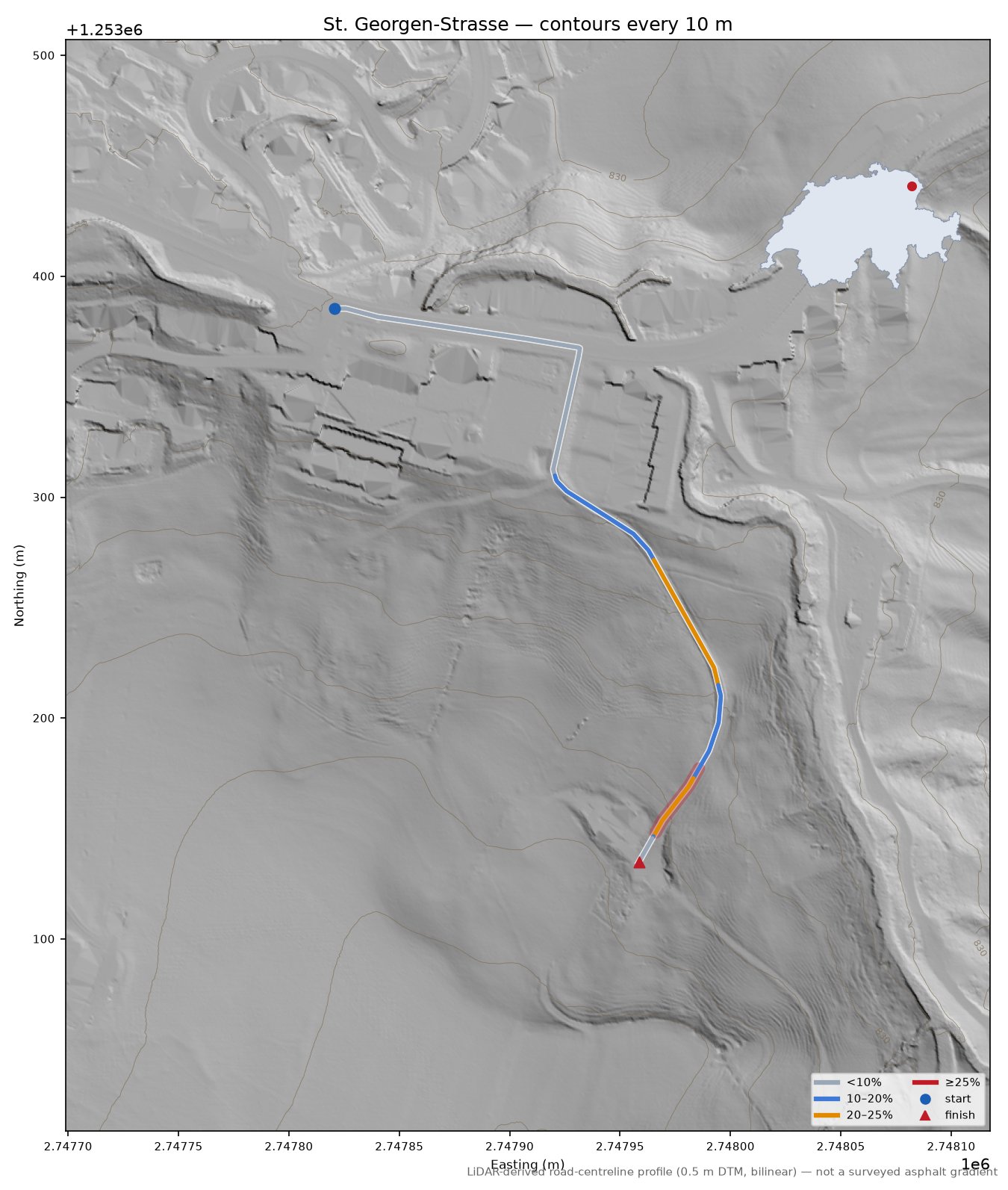 St. Georgen-Strasse LiDAR hillshade map with contours
