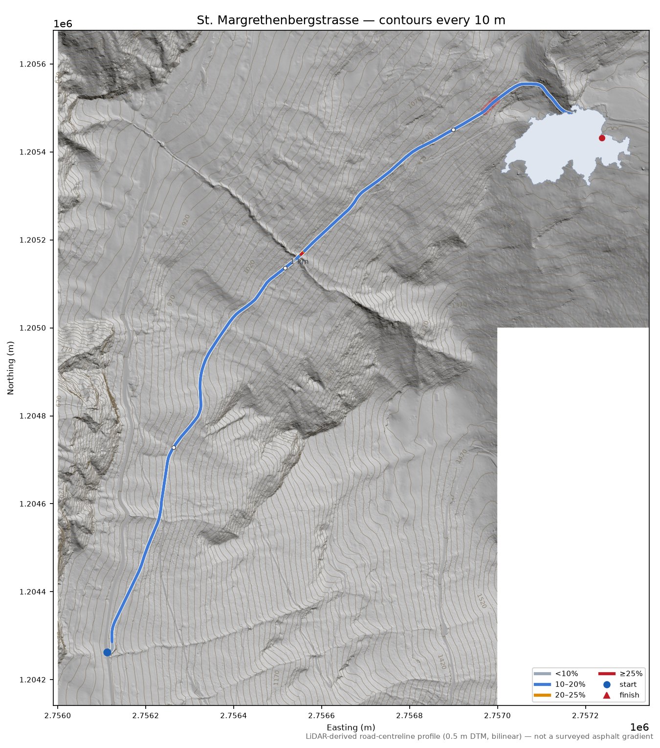 St. Margrethenbergstrasse LiDAR hillshade map with contours