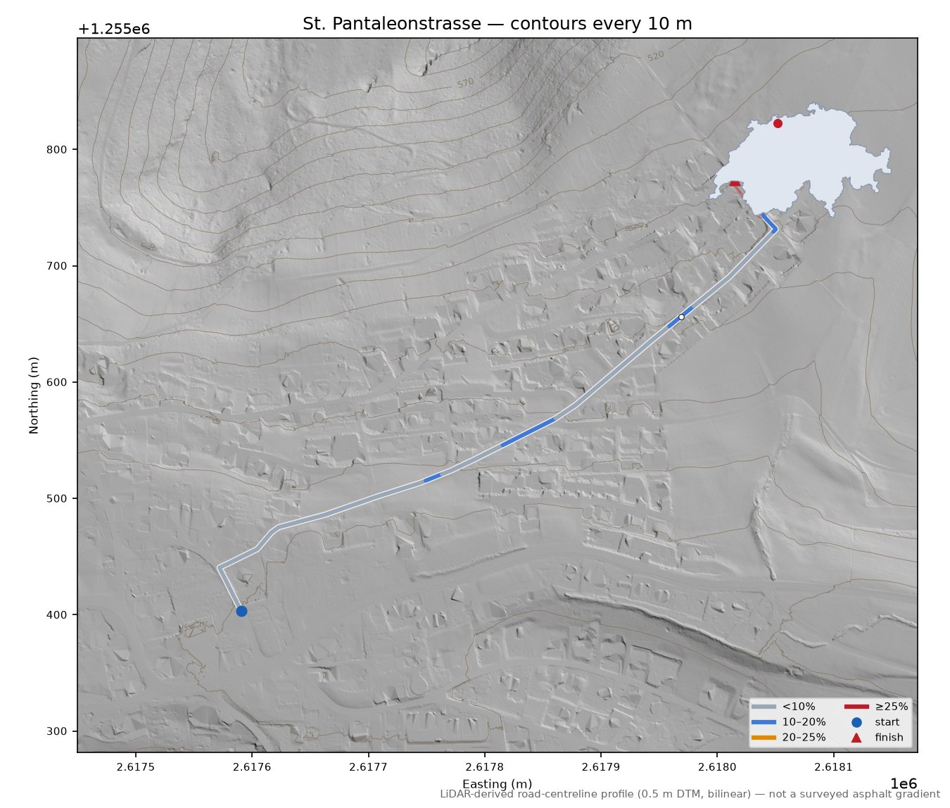St. Pantaleonstrasse LiDAR hillshade map with contours