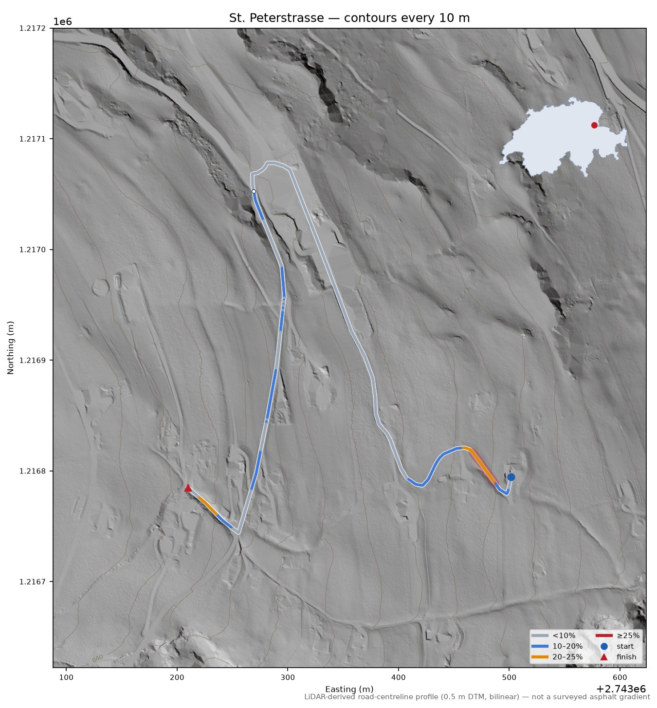 St. Peterstrasse LiDAR hillshade map with contours