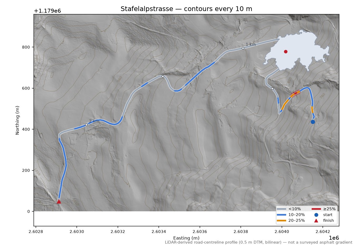 Stafelalpstrasse LiDAR hillshade map with contours
