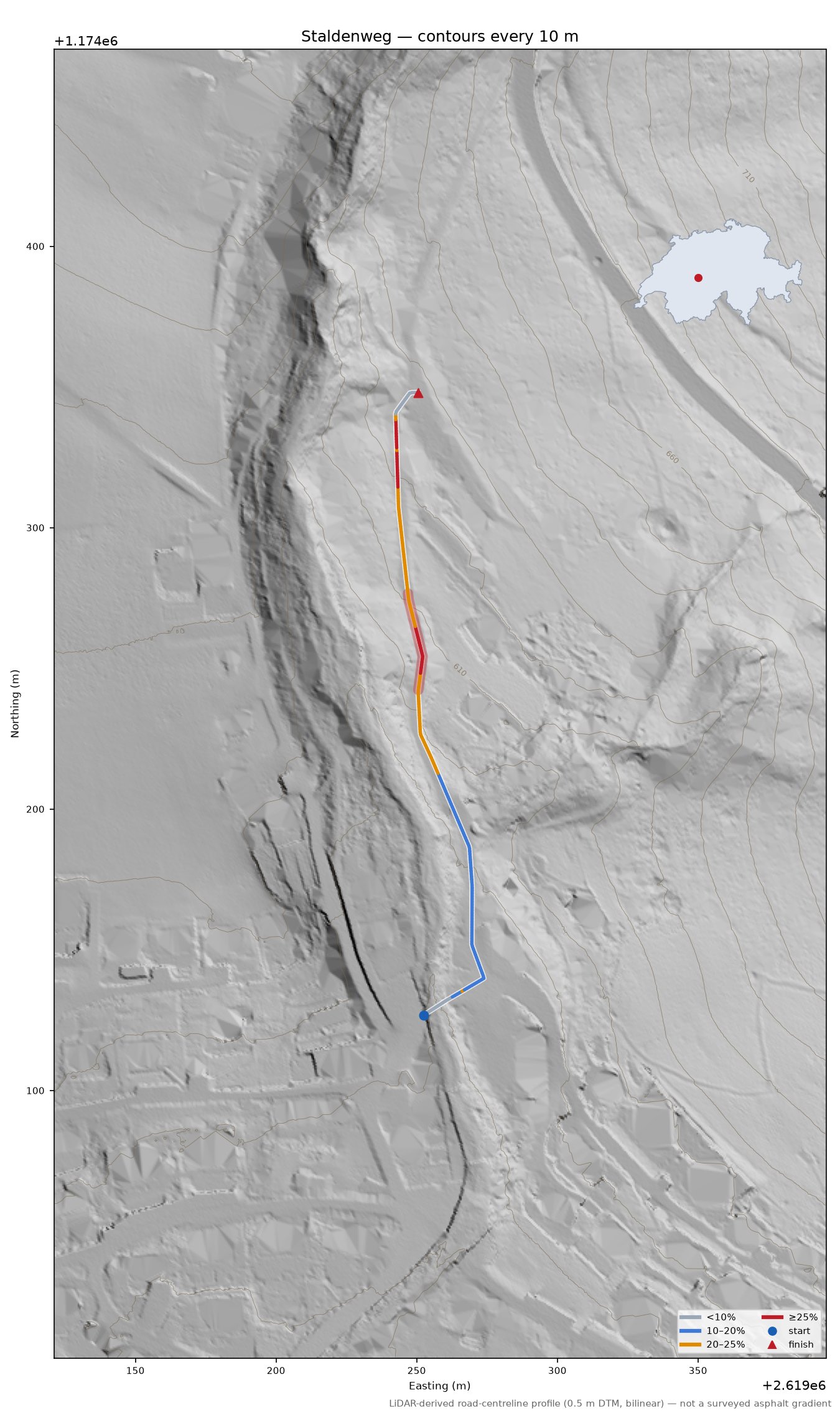 Staldenweg LiDAR hillshade map with contours
