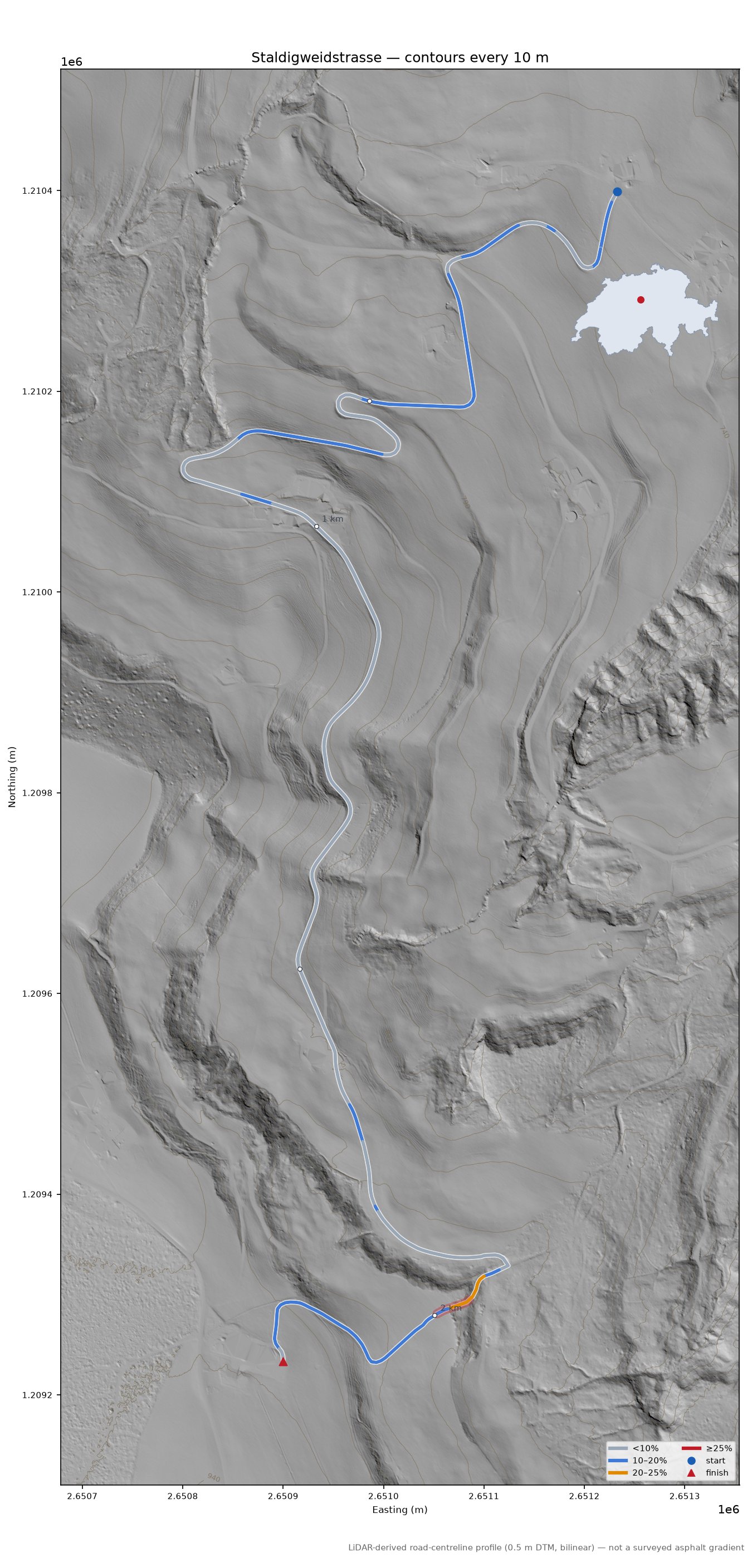 Staldigweidstrasse LiDAR hillshade map with contours