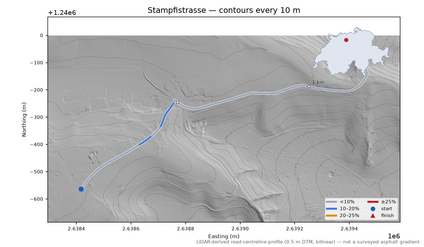 Stampfistrasse LiDAR hillshade map with contours