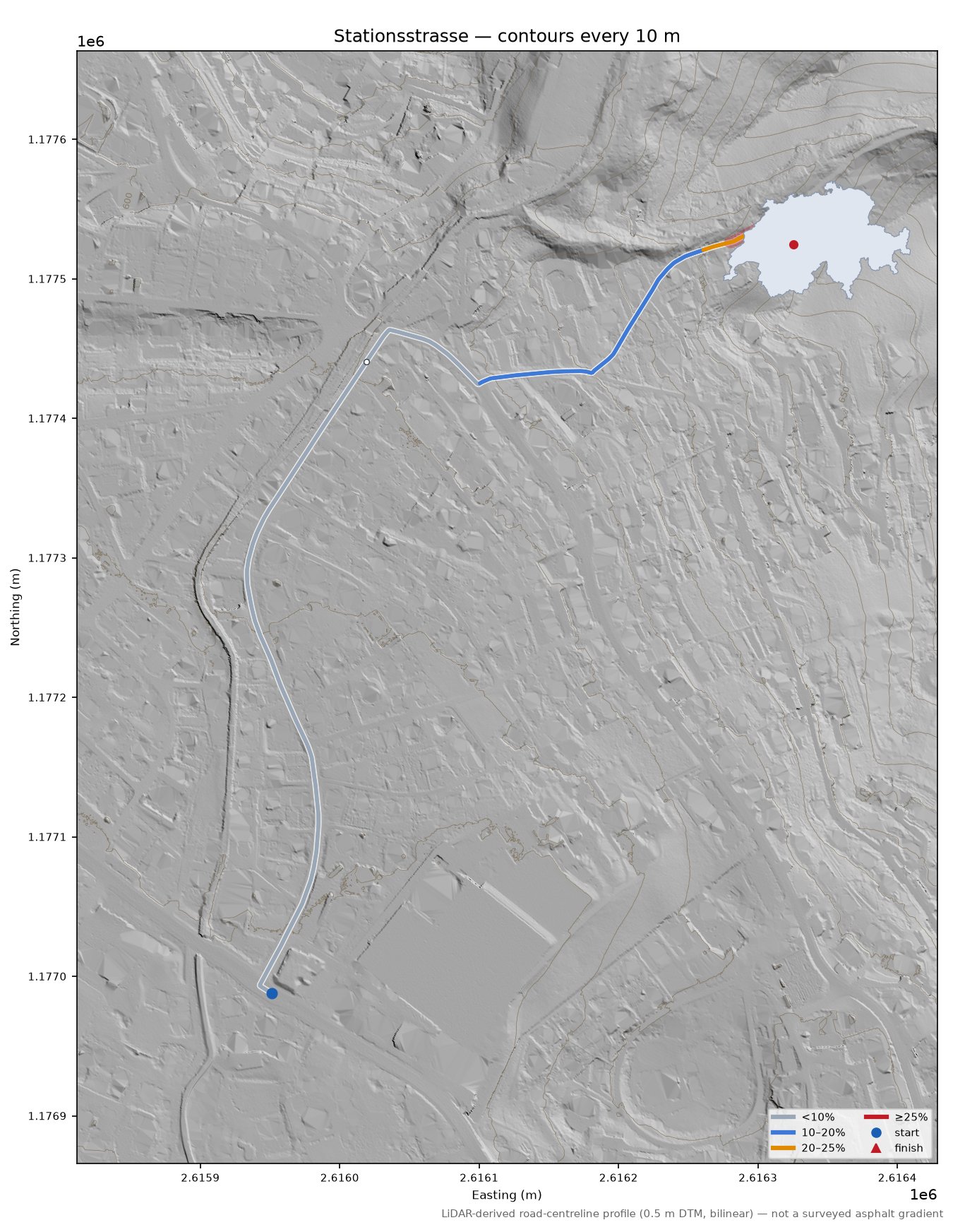 Stationsstrasse LiDAR hillshade map with contours