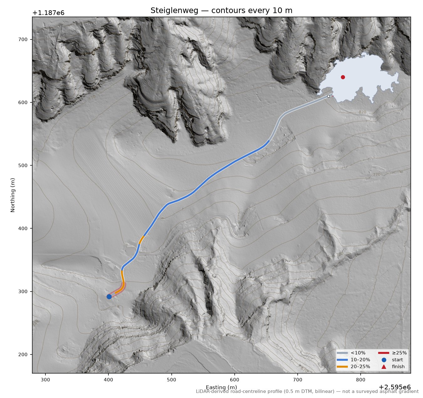 Steiglenweg LiDAR hillshade map with contours