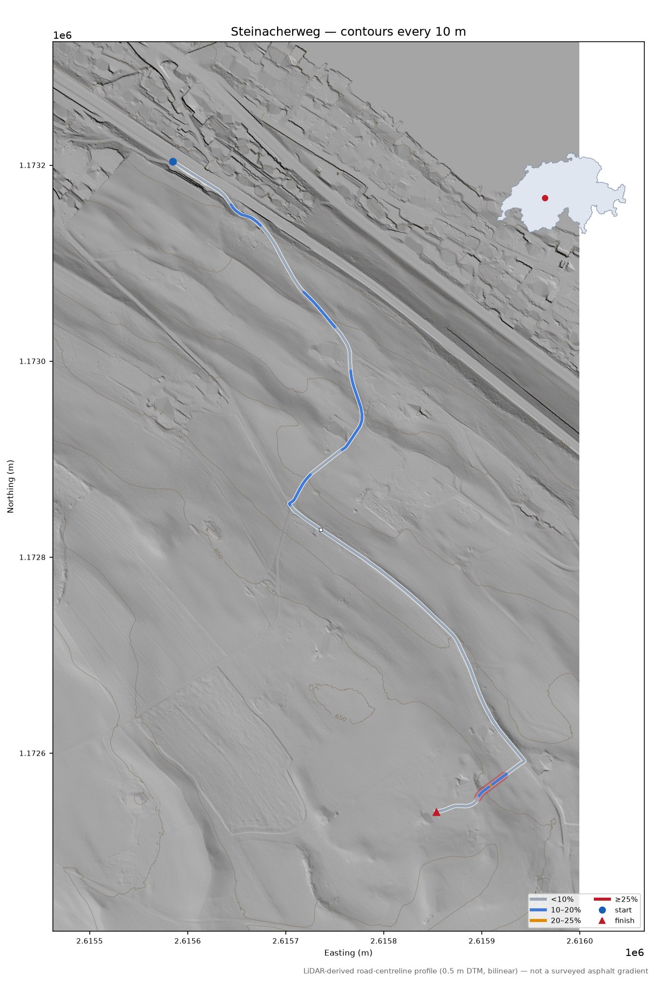 Steinacherweg LiDAR hillshade map with contours