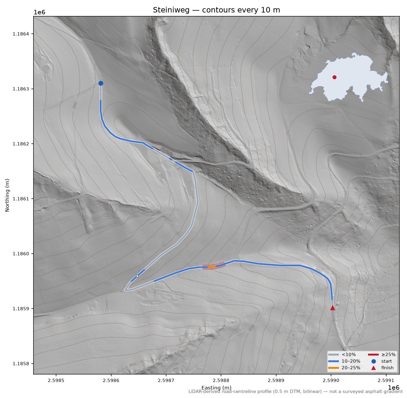 Steiniweg LiDAR hillshade map with contours