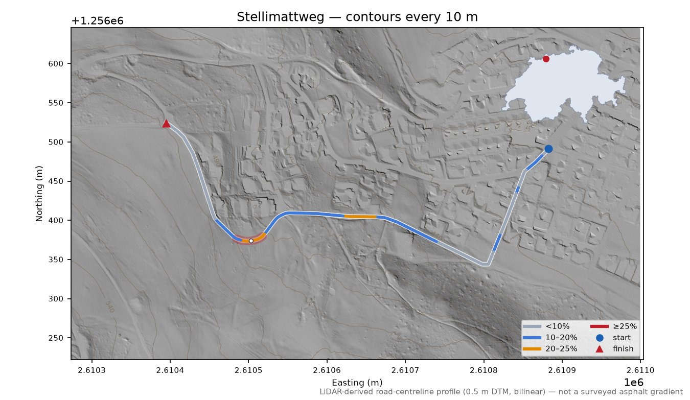 Stellimattweg LiDAR hillshade map with contours