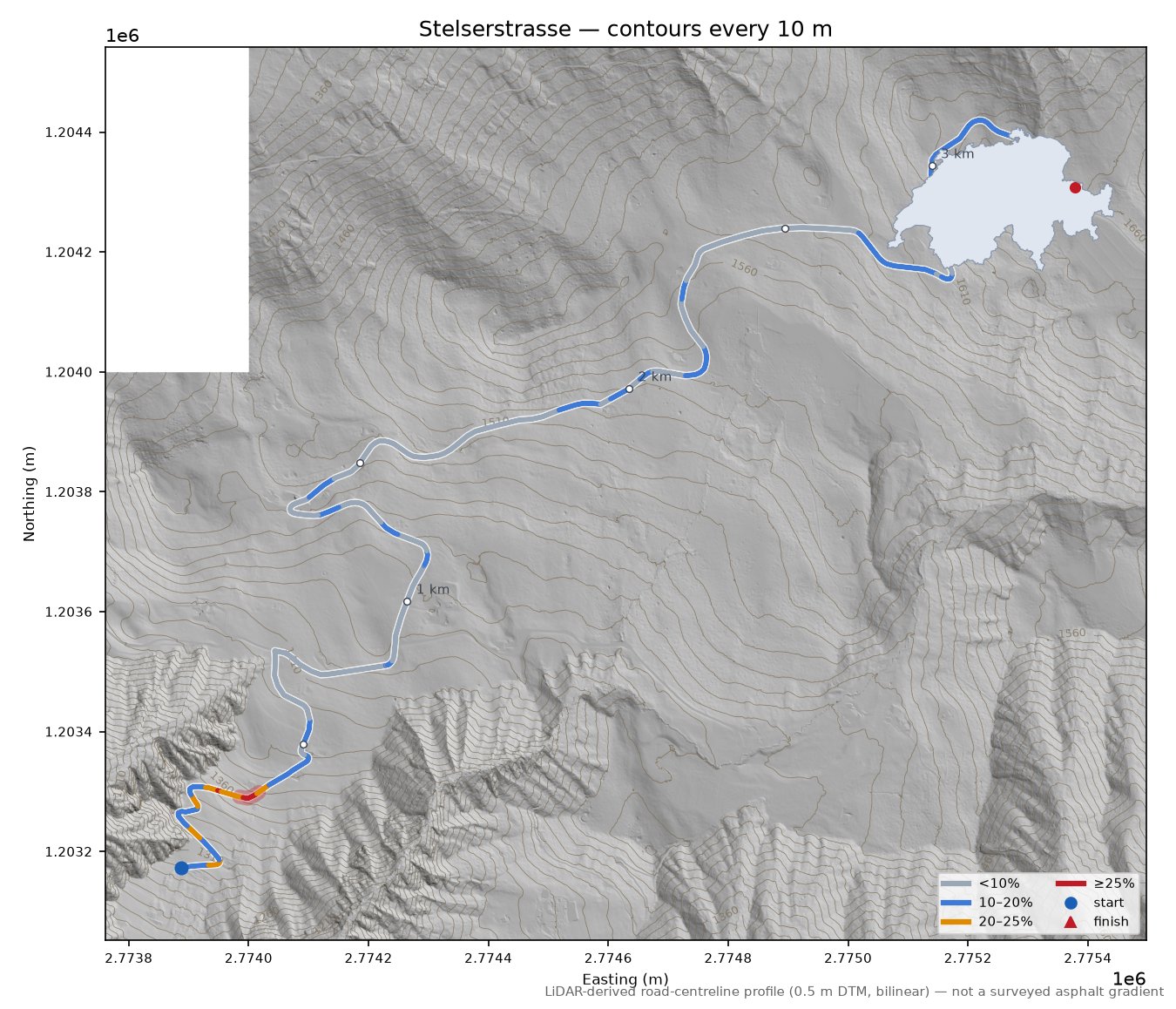 Stelserstrasse LiDAR hillshade map with contours