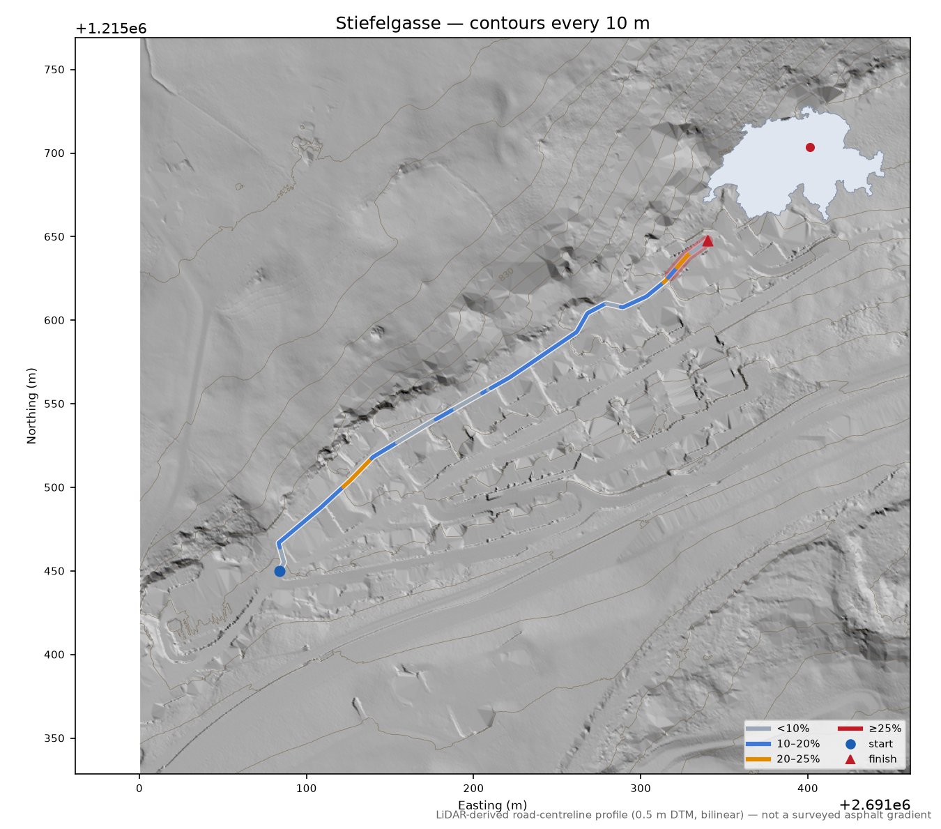 Stiefelgasse LiDAR hillshade map with contours