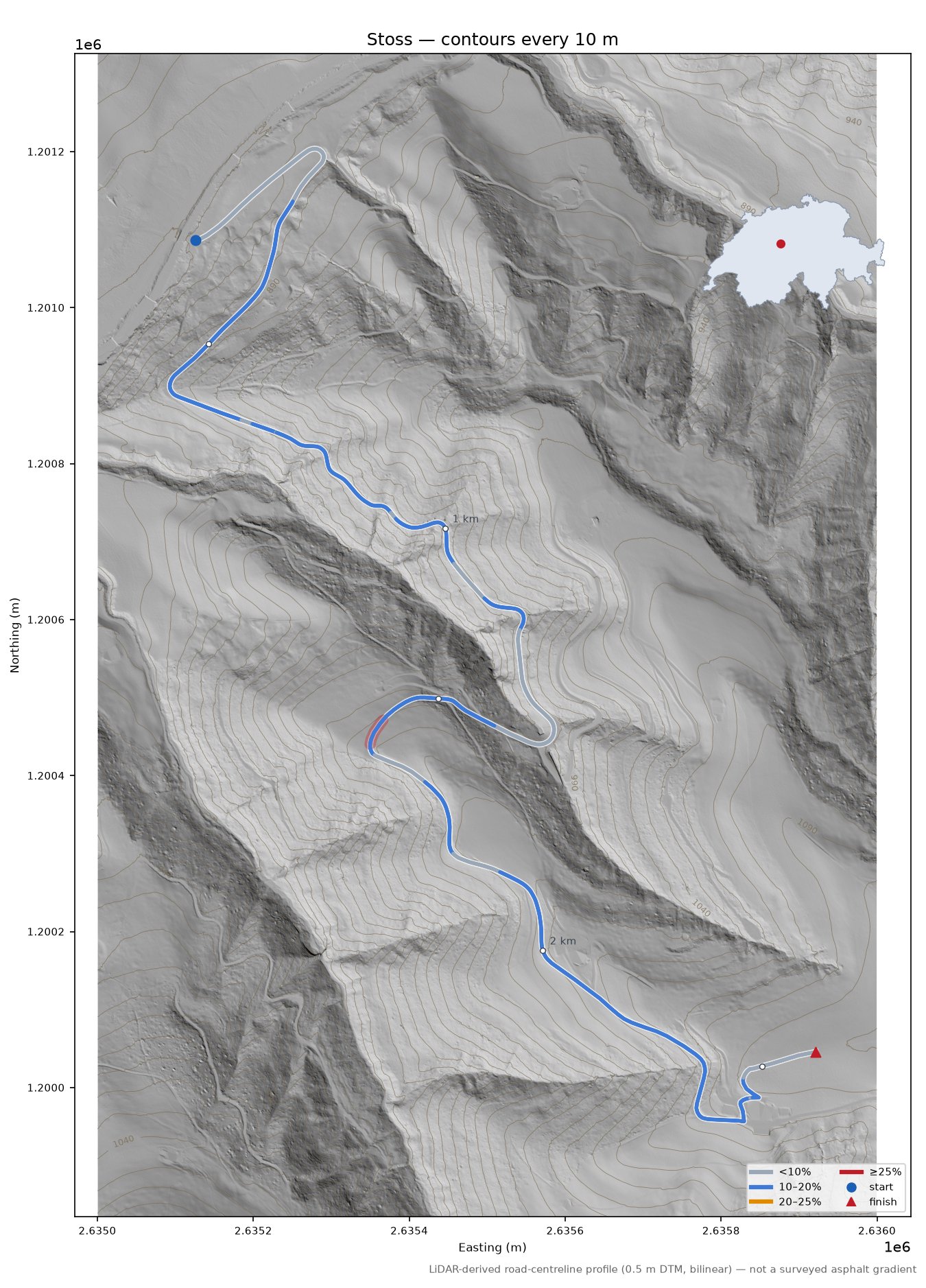 Stoss LiDAR hillshade map with contours