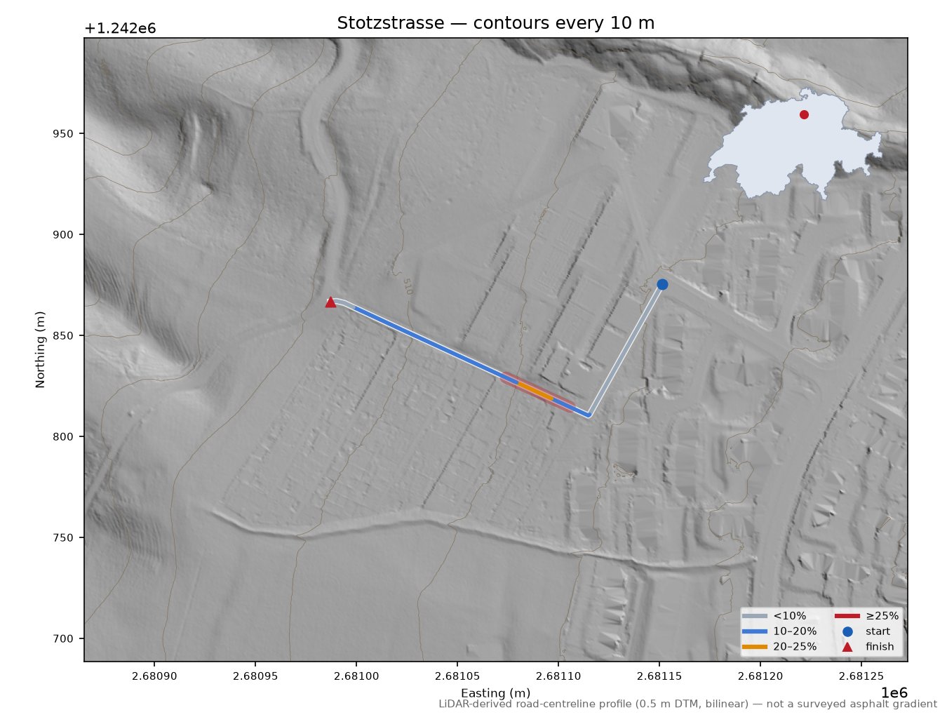 Stotzstrasse LiDAR hillshade map with contours