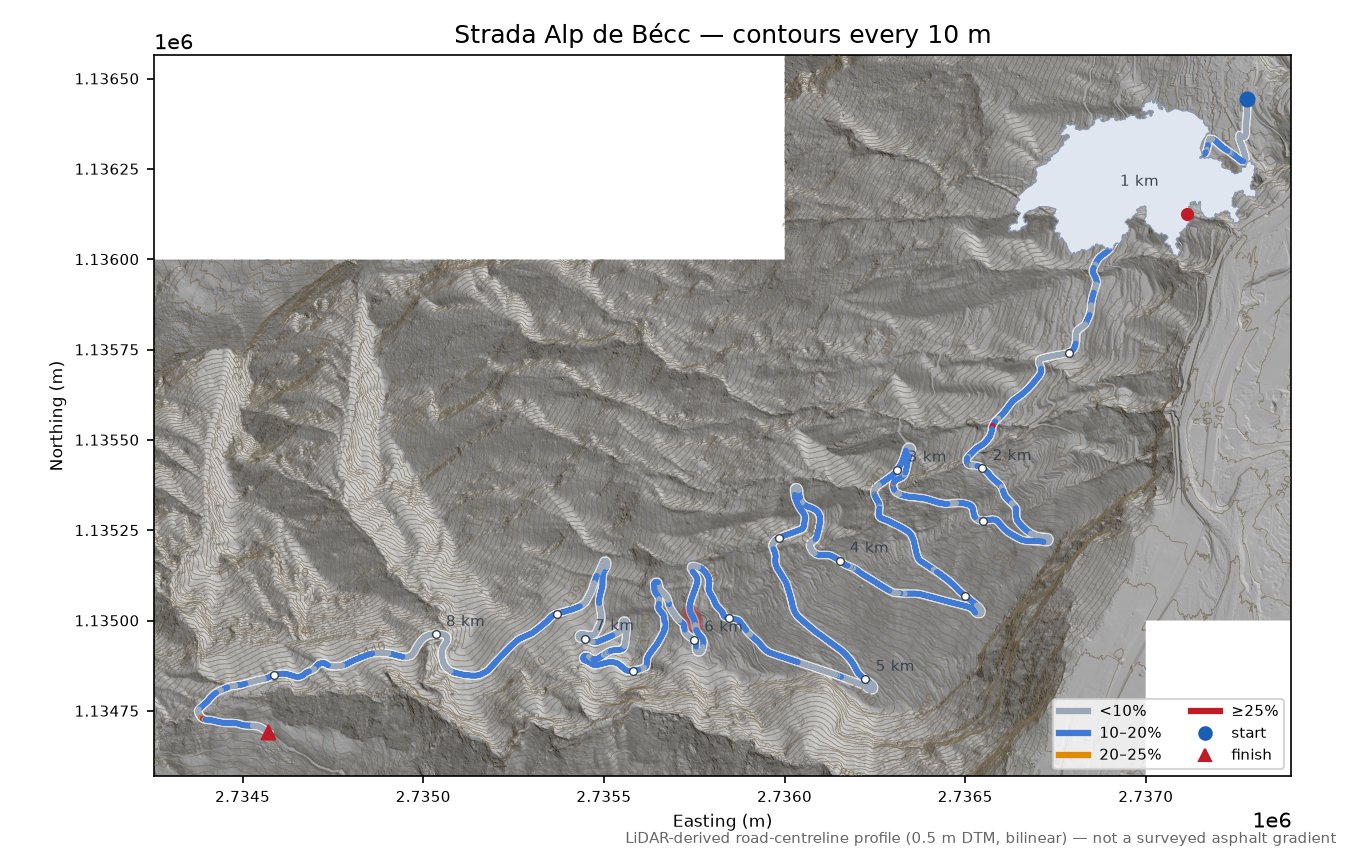 Strada Alp de Bécc LiDAR hillshade map with contours