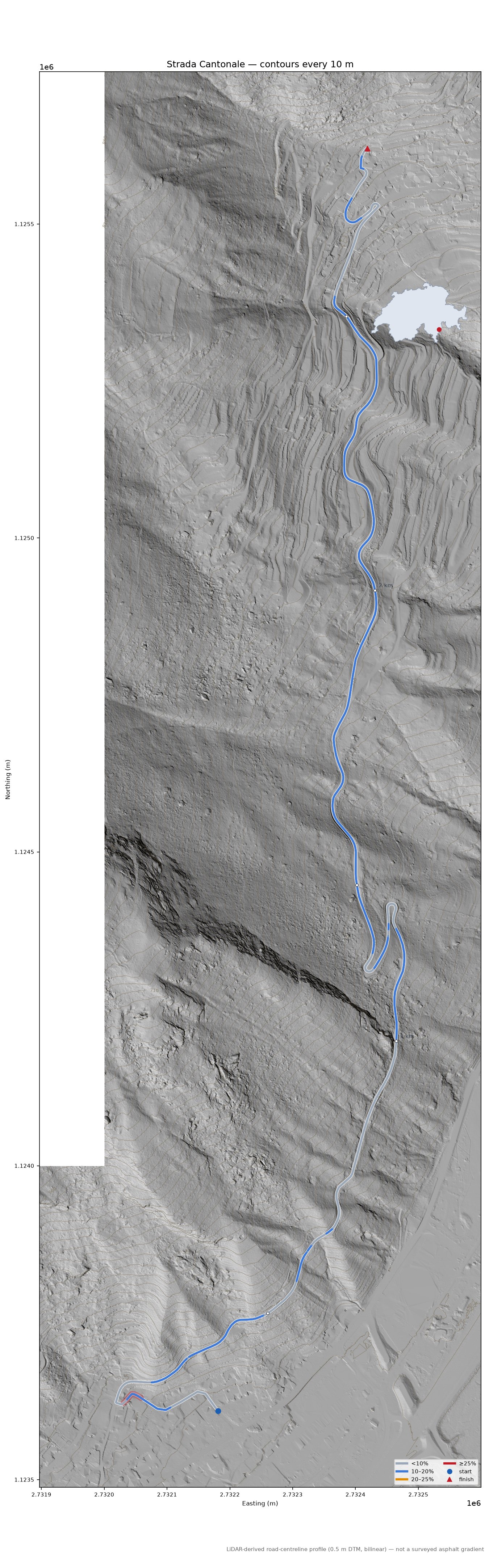 Strada Cantonale LiDAR hillshade map with contours