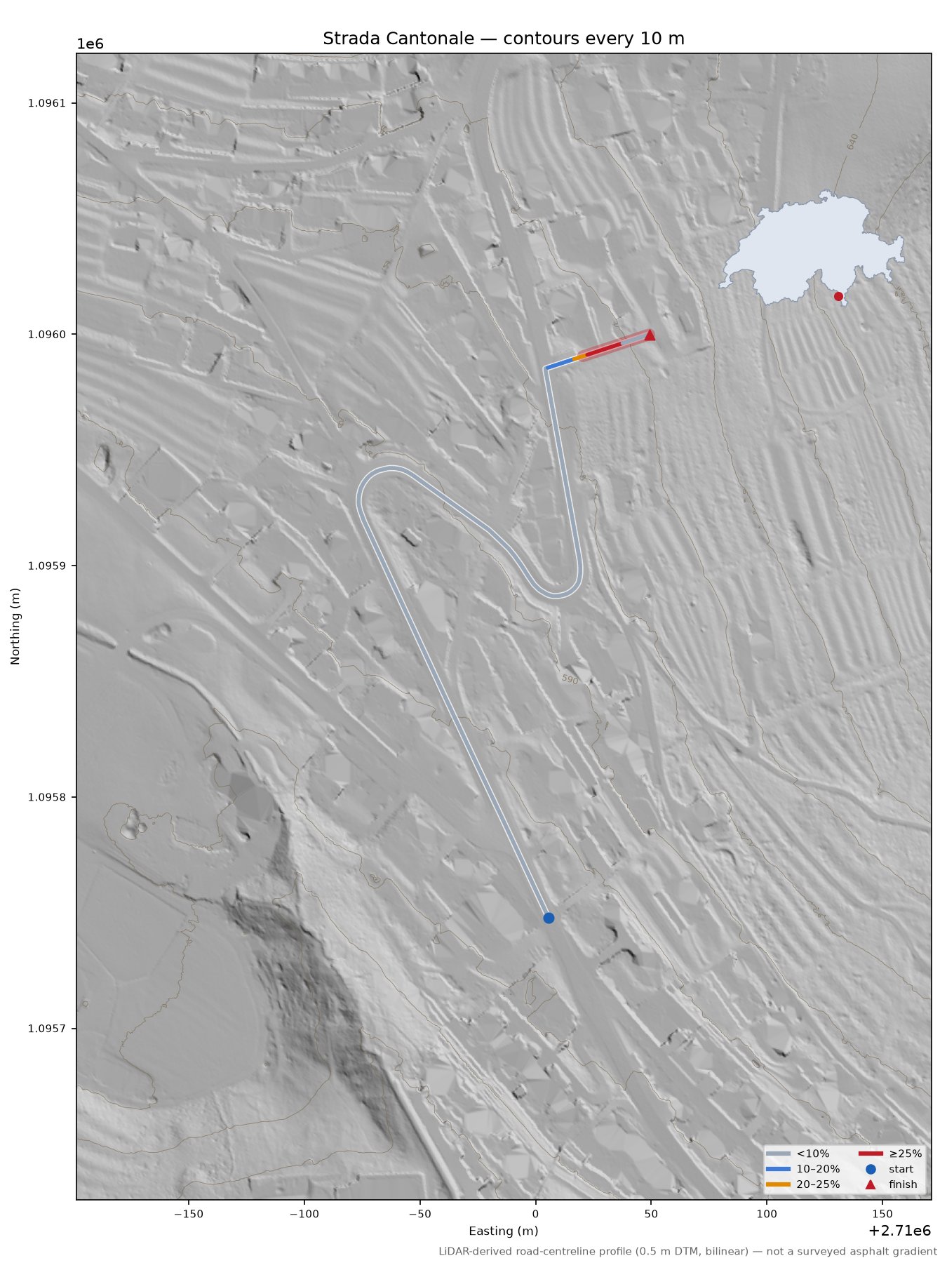 Strada Cantonale LiDAR hillshade map with contours