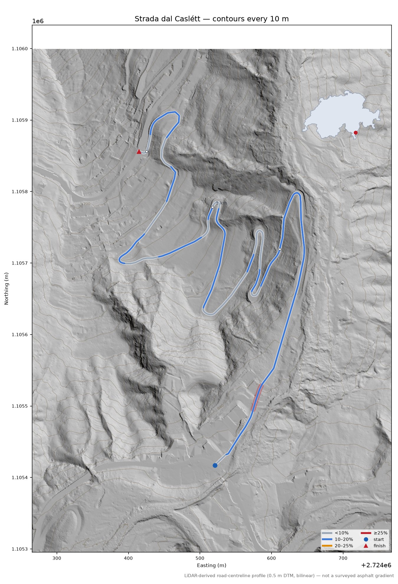 Strada dal Caslétt LiDAR hillshade map with contours