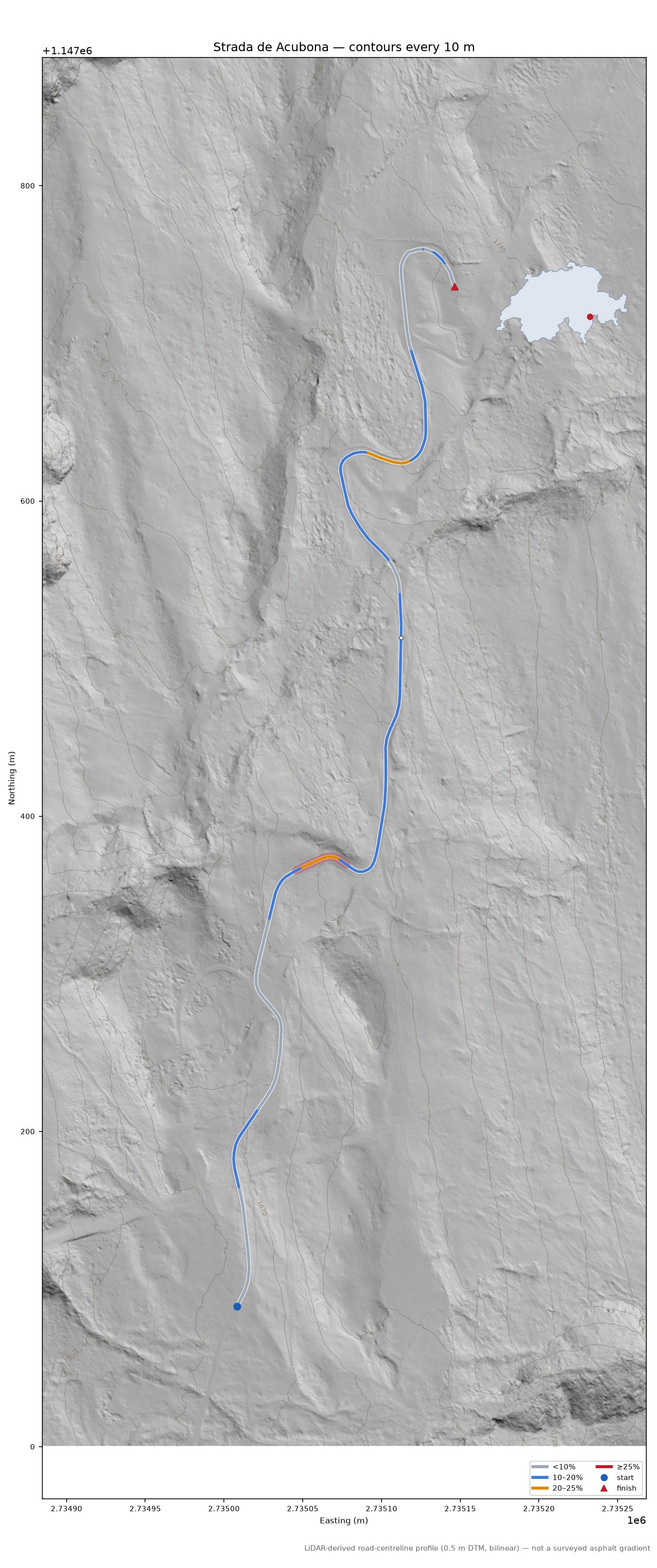 Strada de Acubona LiDAR hillshade map with contours