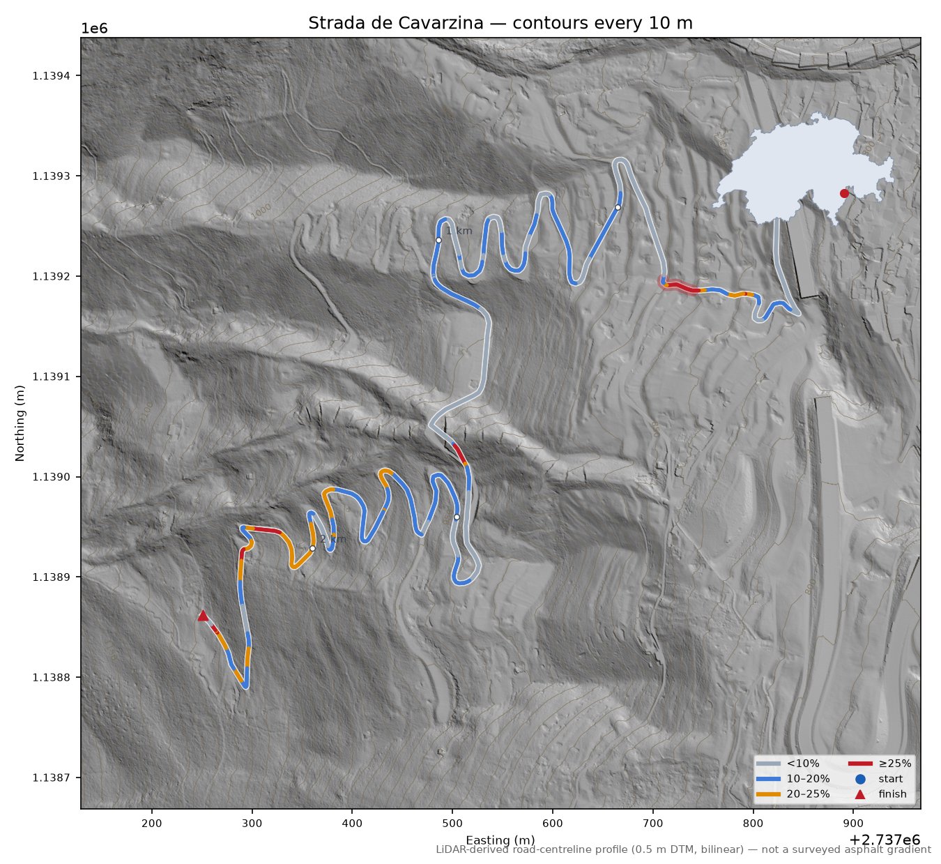 Strada de Cavarzina LiDAR hillshade map with contours