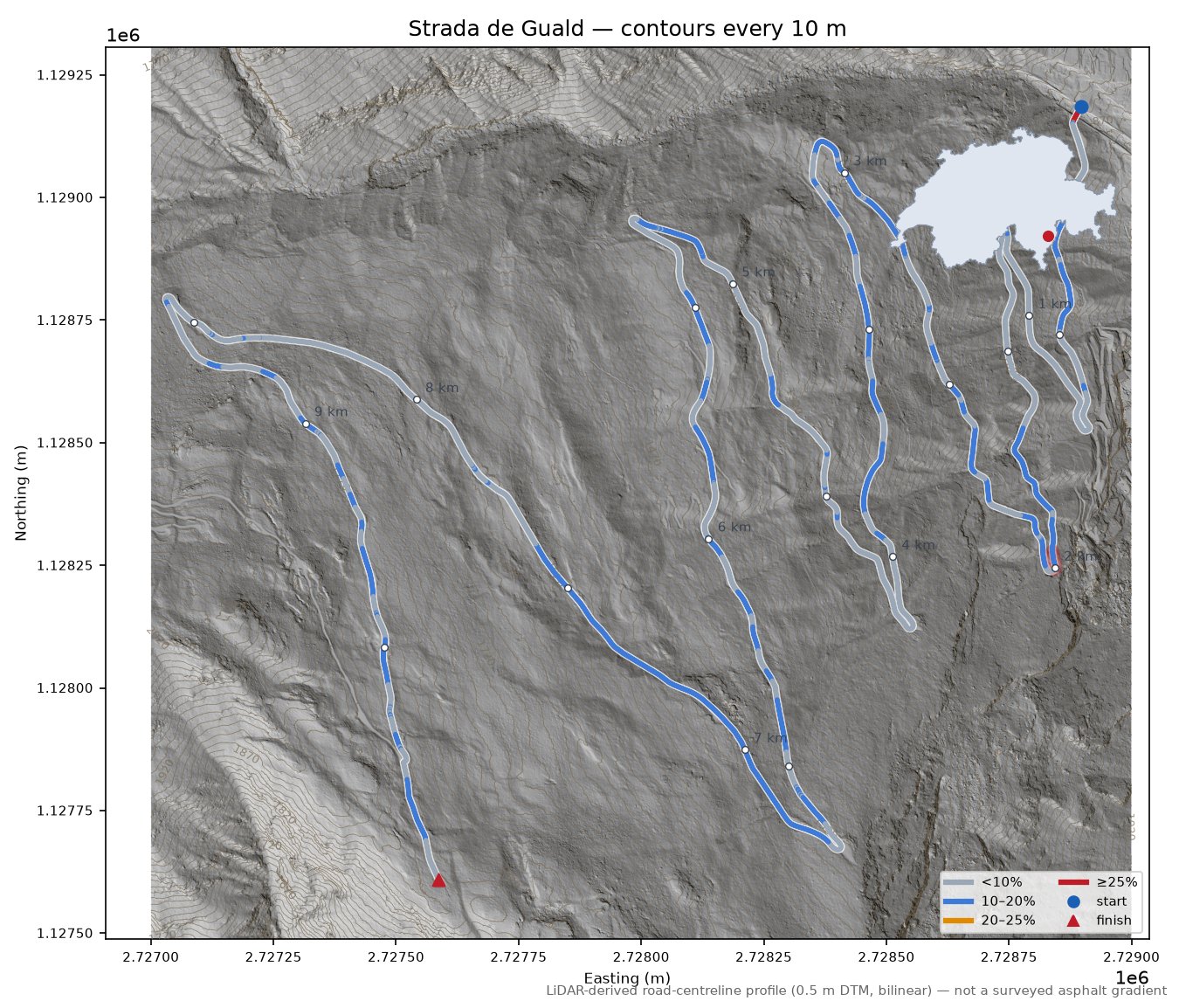 Strada de Guald LiDAR hillshade map with contours