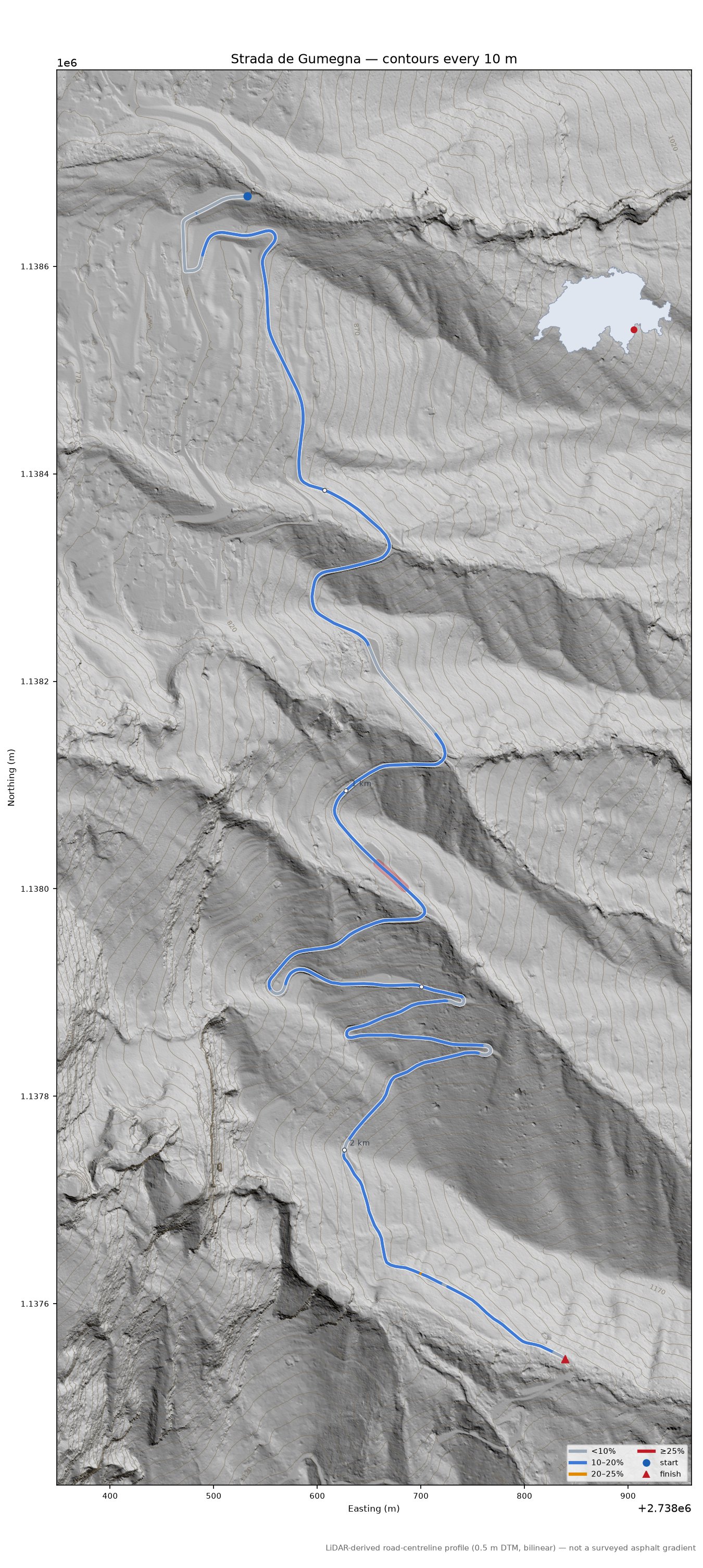 Strada de Gumegna LiDAR hillshade map with contours