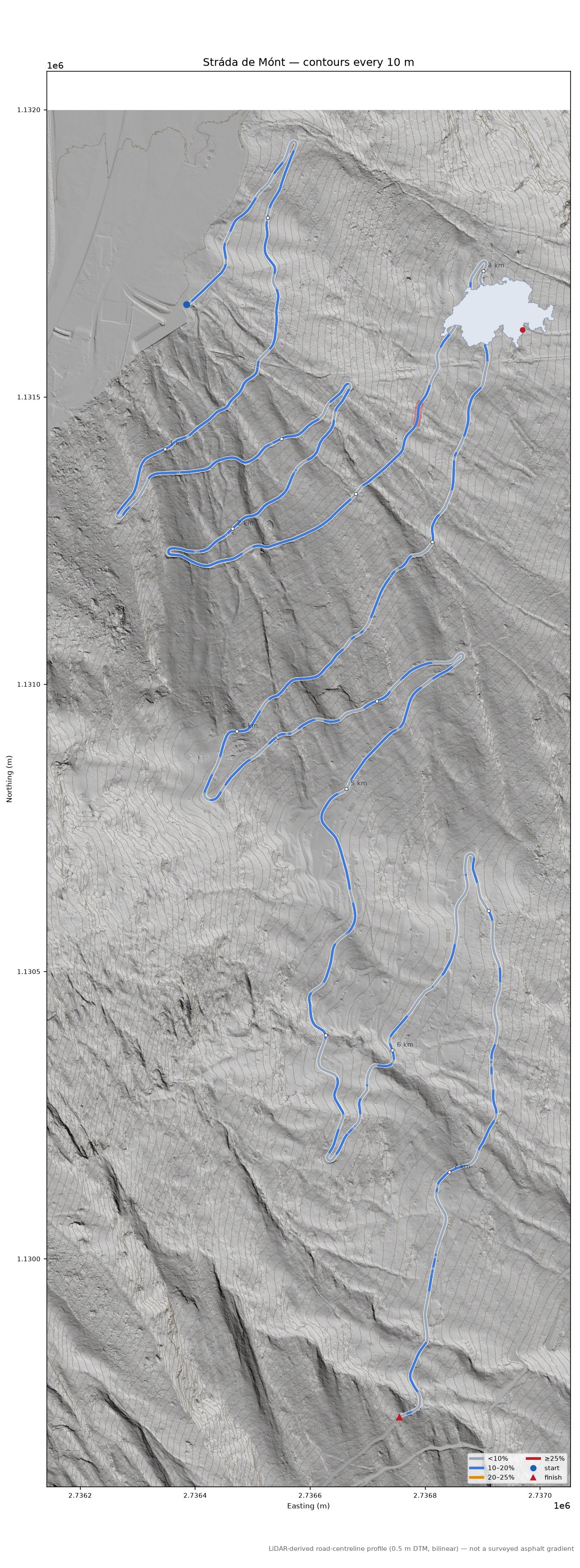 Stráda de Mónt LiDAR hillshade map with contours