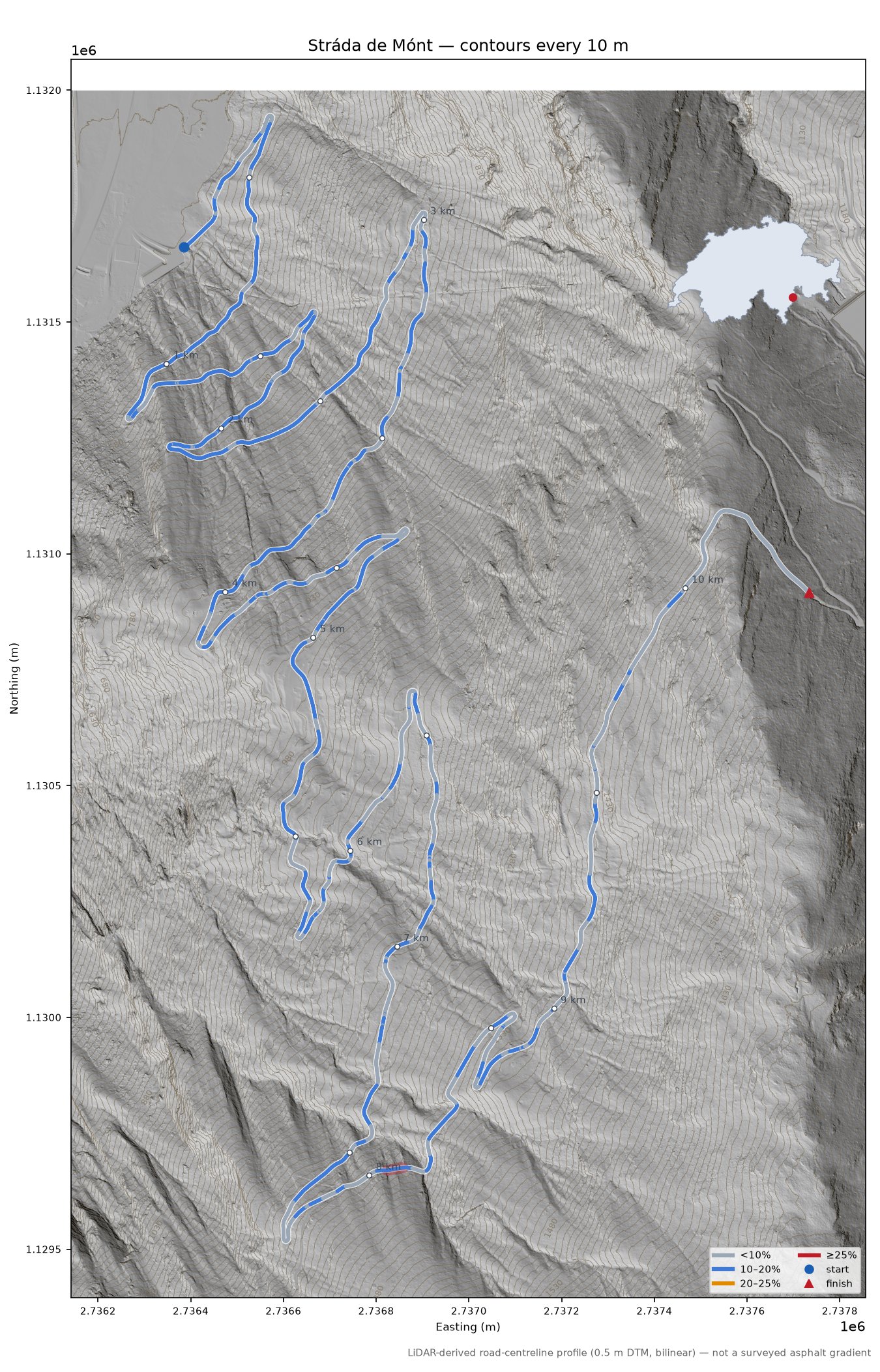 Stráda de Mónt LiDAR hillshade map with contours