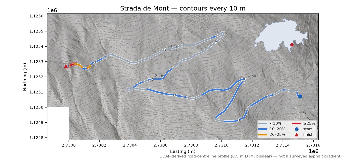 Strada de Mont LiDAR hillshade map with contours