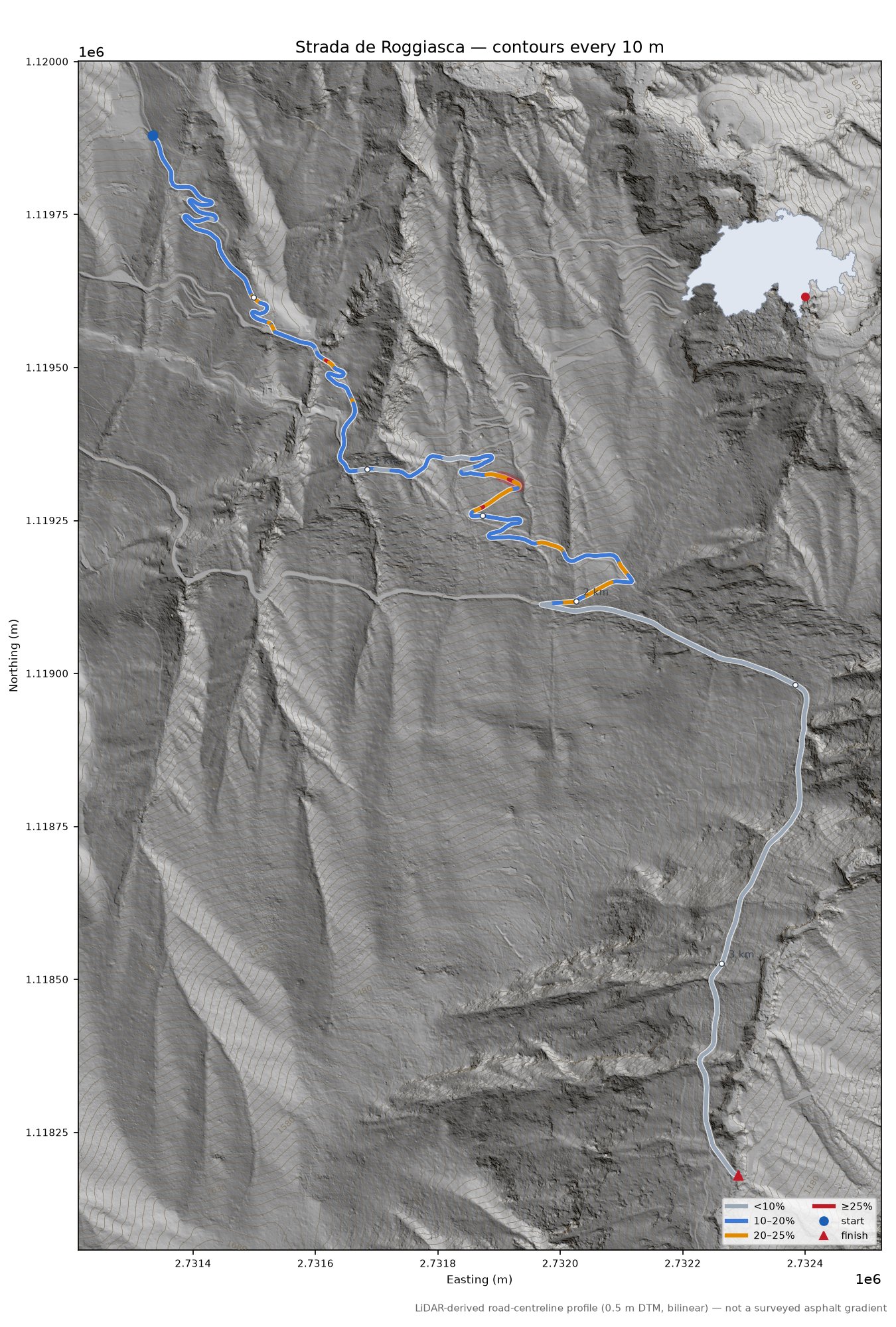Strada de Roggiasca LiDAR hillshade map with contours