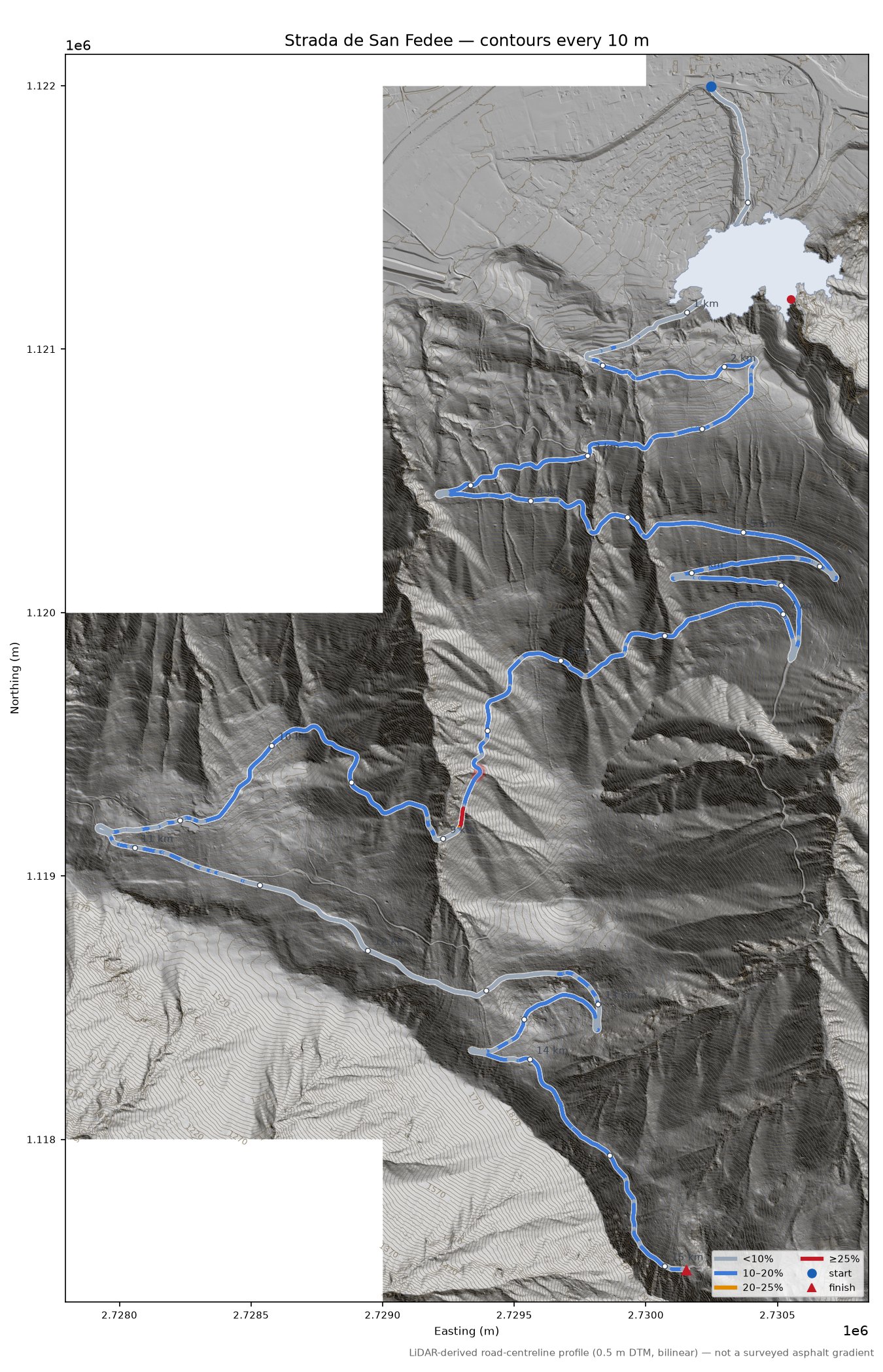 Strada de San Fedee LiDAR hillshade map with contours