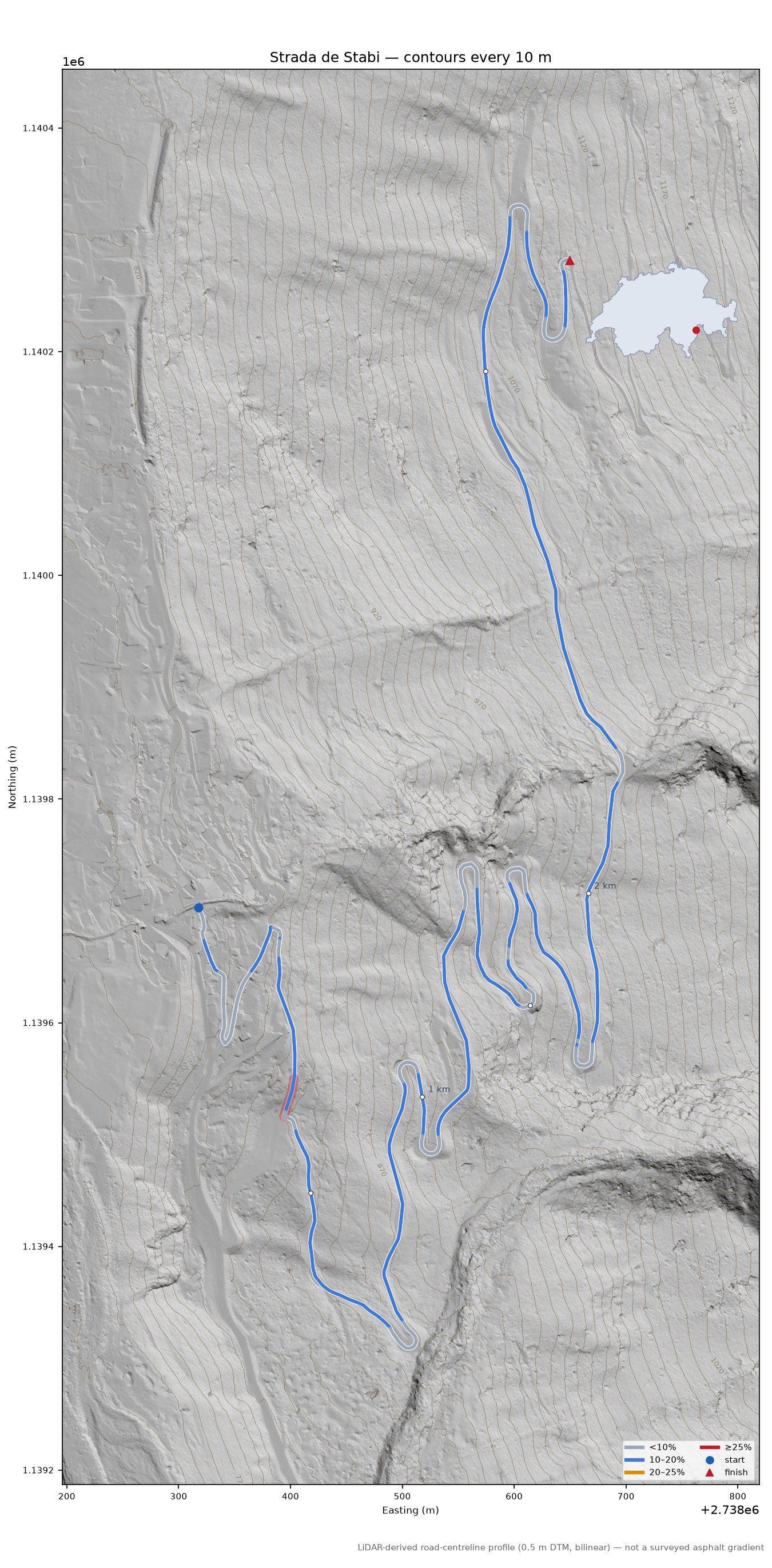 Strada de Stabi LiDAR hillshade map with contours
