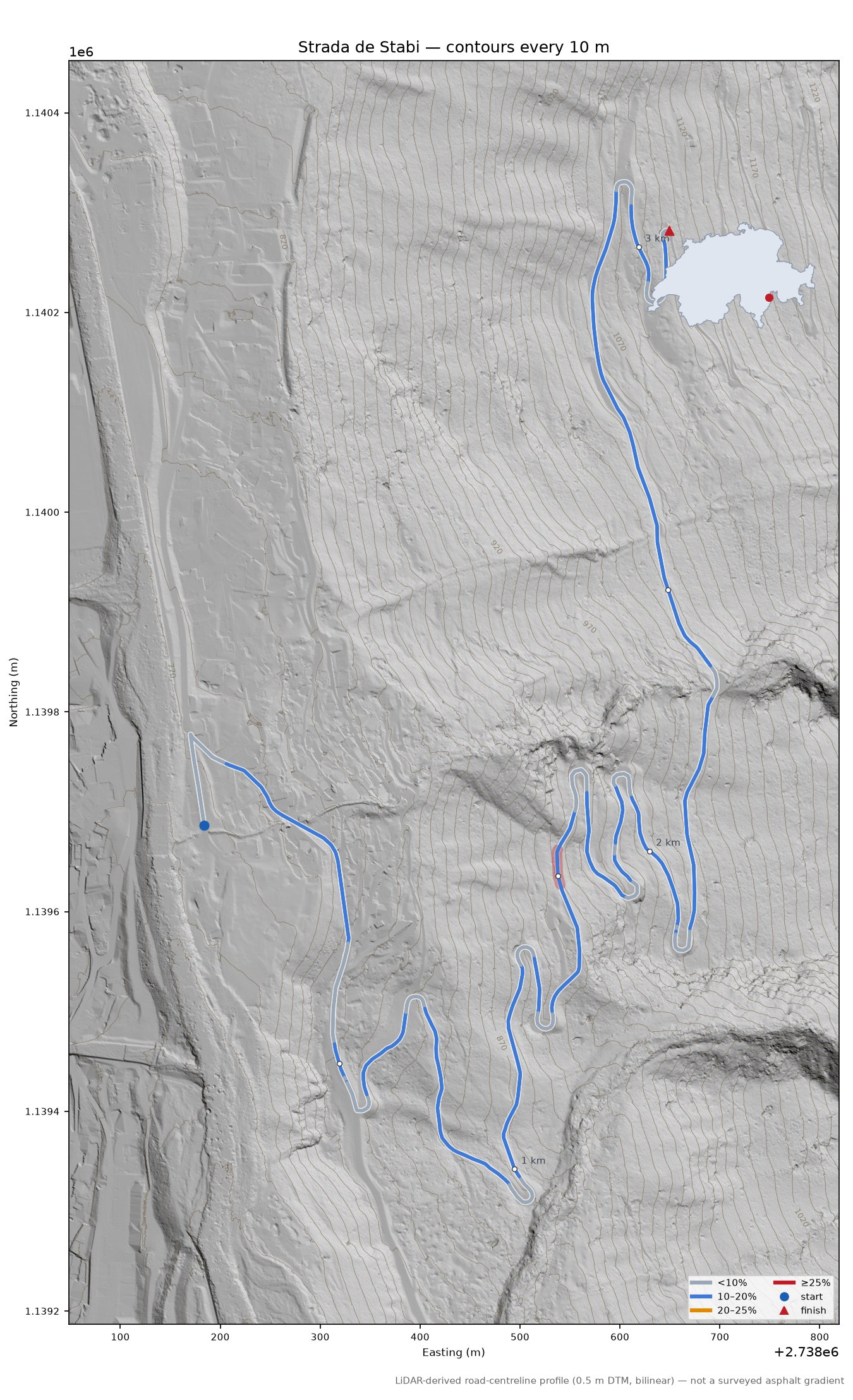 Strada de Stabi LiDAR hillshade map with contours