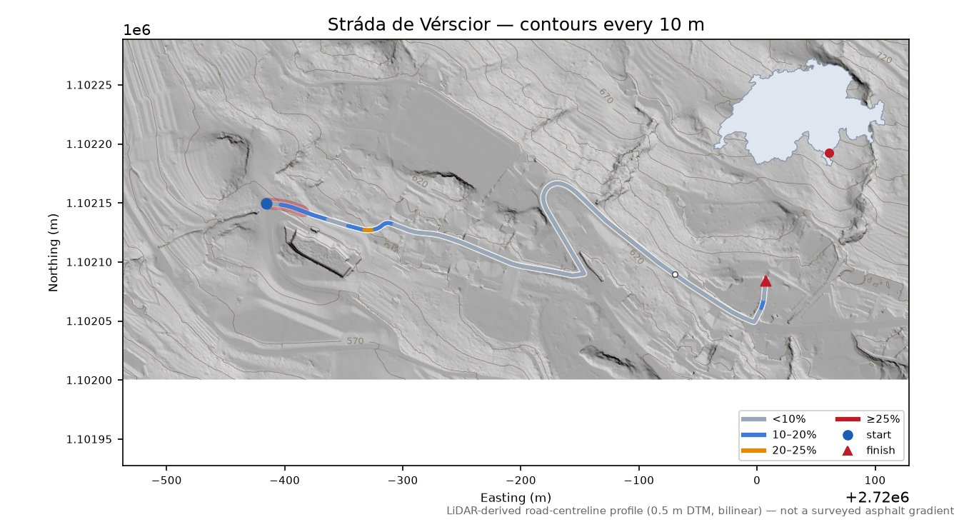 Stráda de Vérscior LiDAR hillshade map with contours