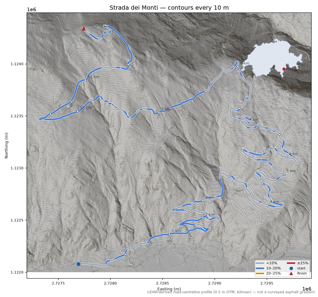 Strada dei Monti LiDAR hillshade map with contours