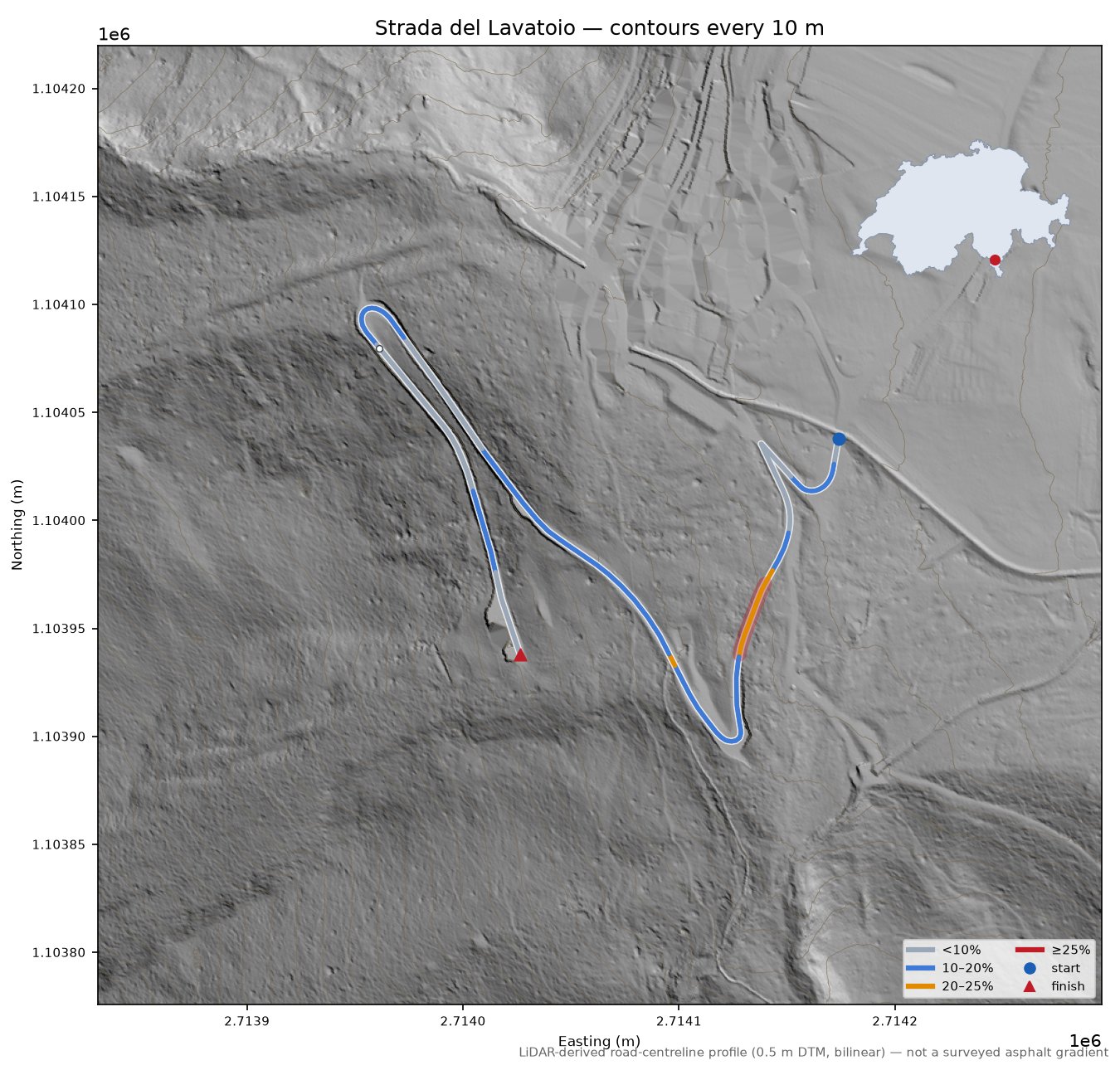 Strada del Lavatoio LiDAR hillshade map with contours