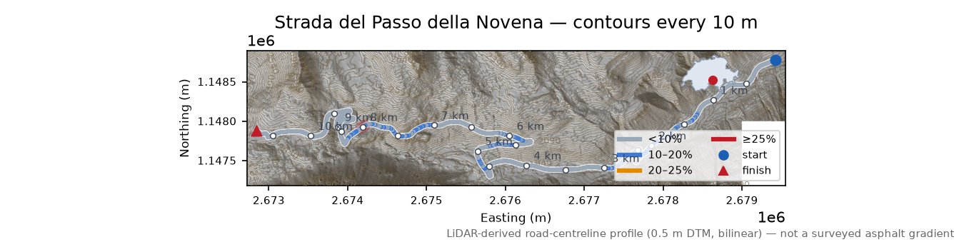 Strada del Passo della Novena LiDAR hillshade map with contours