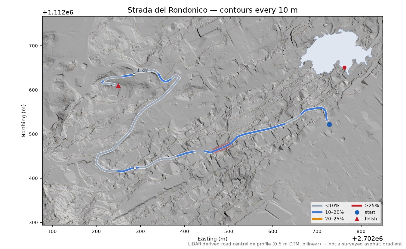 Strada del Rondonico LiDAR hillshade map with contours