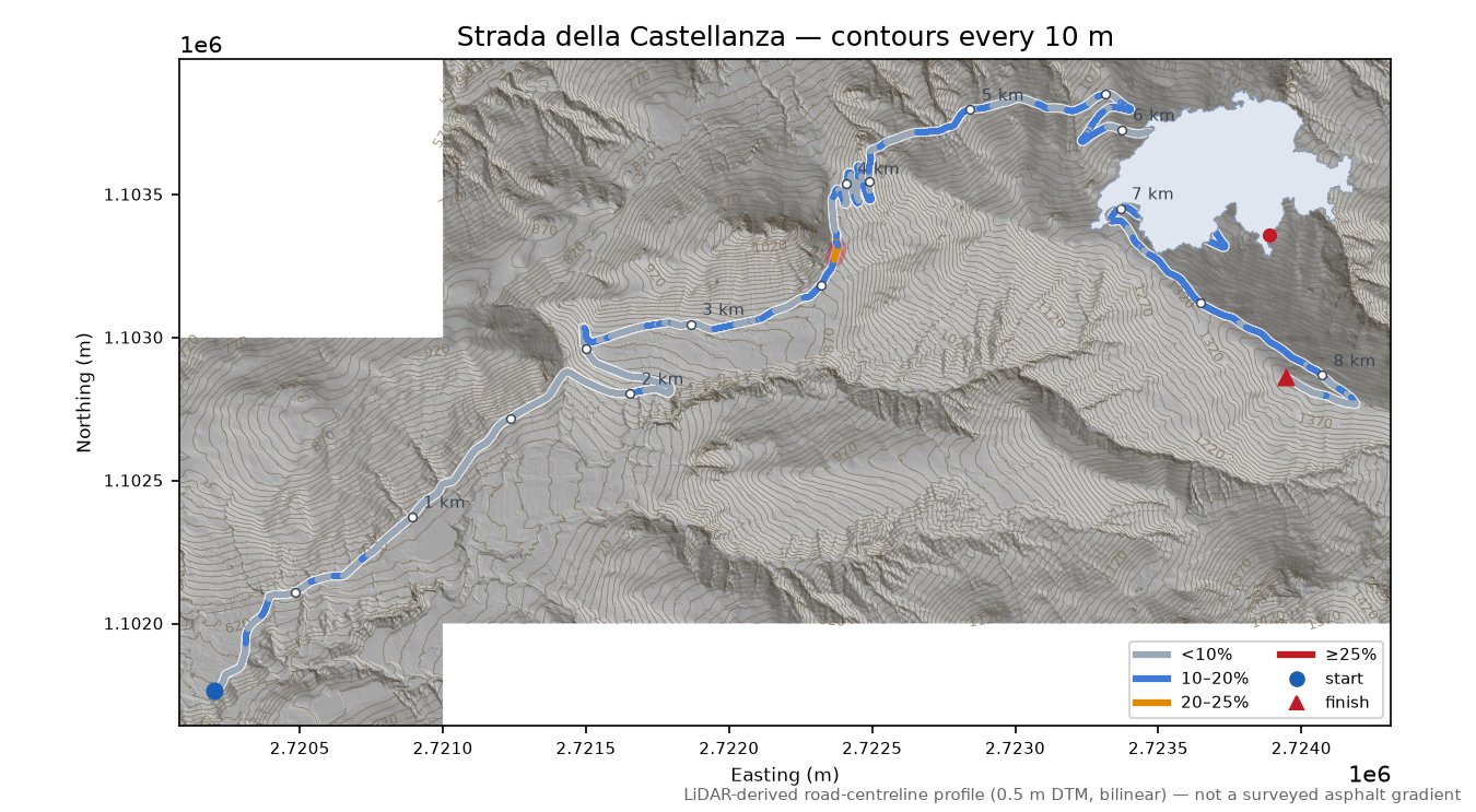 Strada della Castellanza LiDAR hillshade map with contours