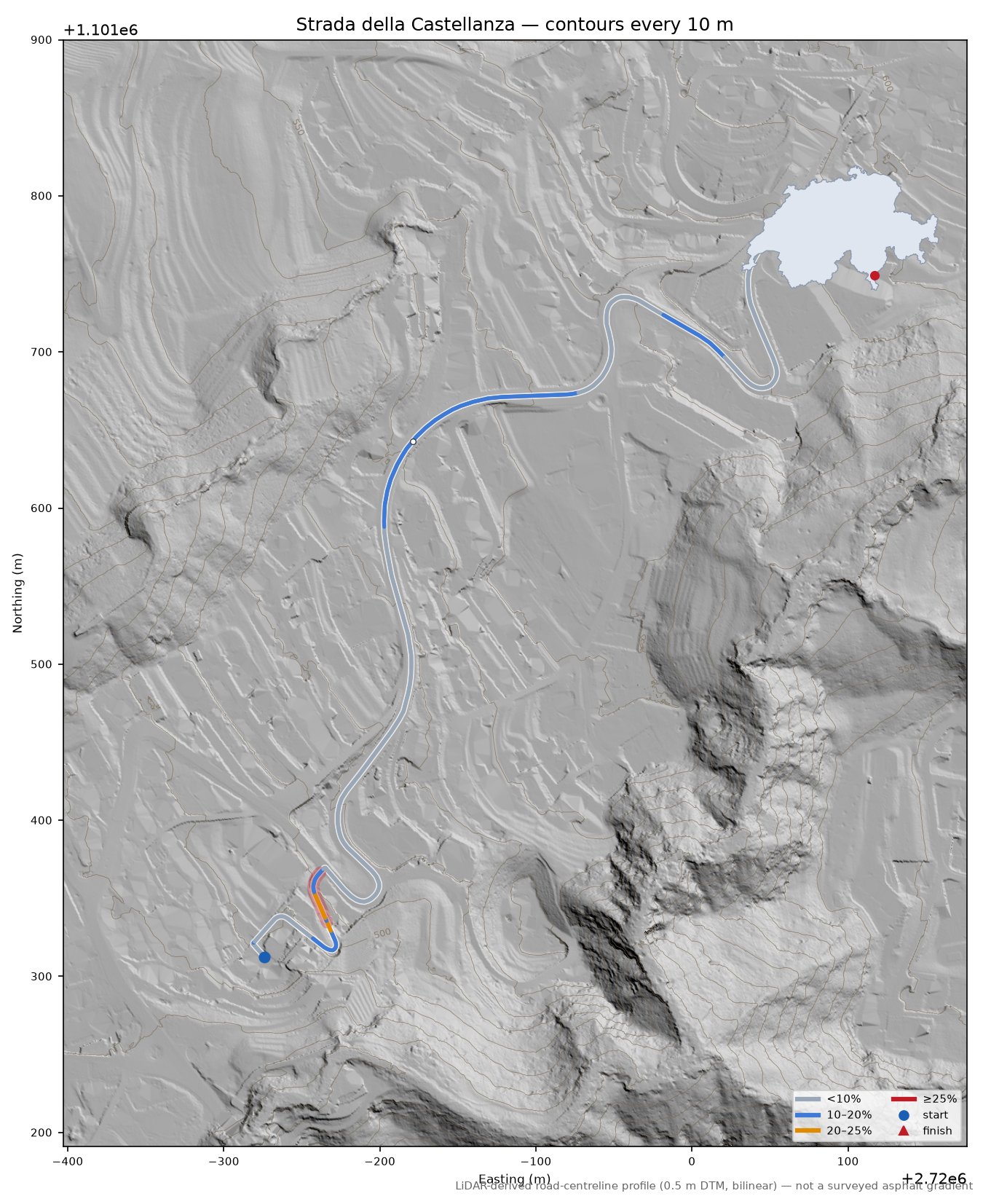 Strada della Castellanza LiDAR hillshade map with contours