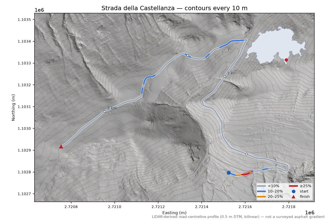 Strada della Castellanza LiDAR hillshade map with contours