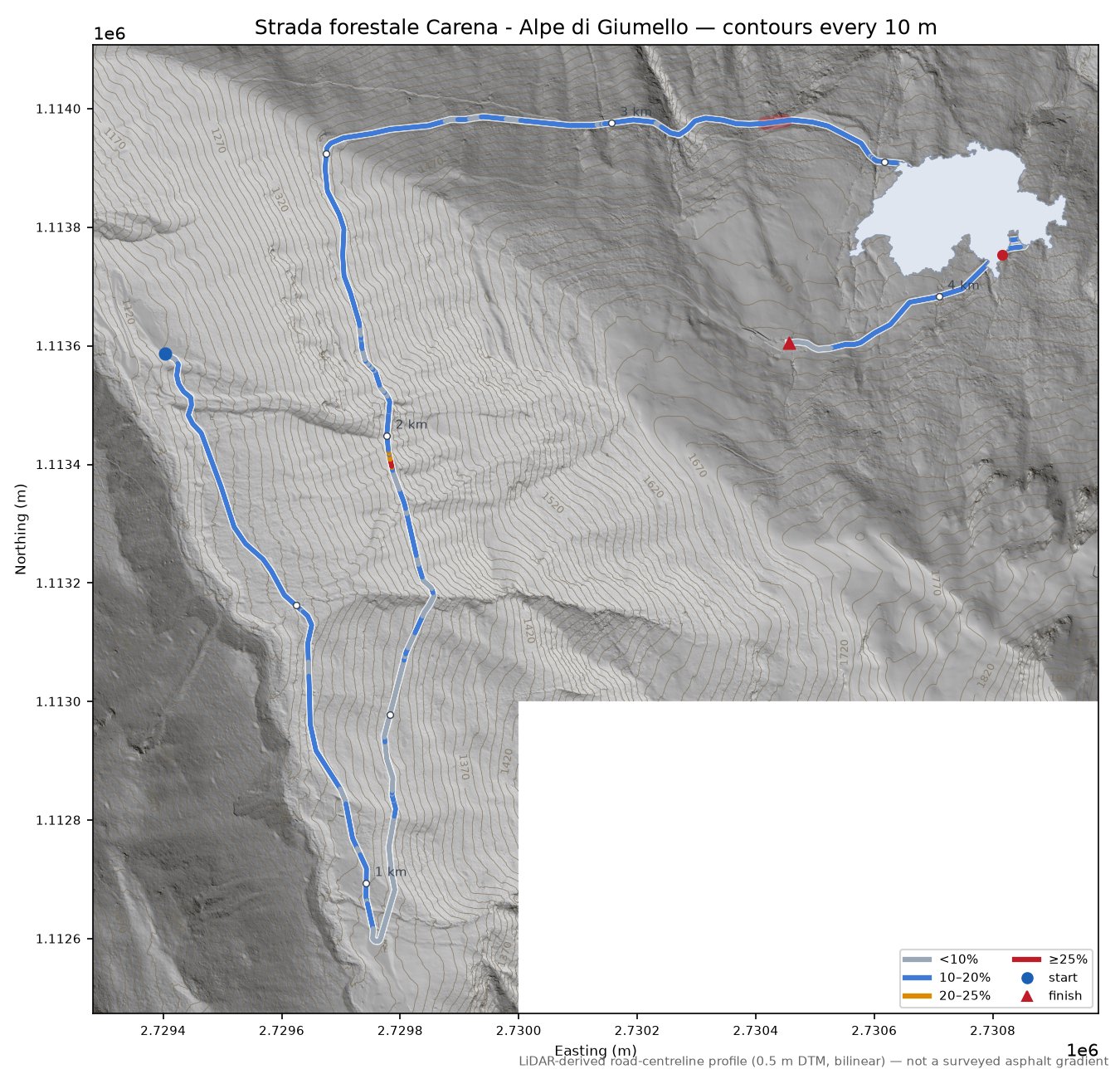 Strada forestale Carena - Alpe di Giumello LiDAR hillshade map with contours