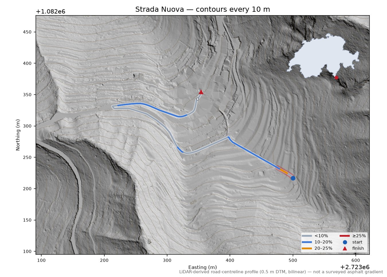 Strada Nuova LiDAR hillshade map with contours