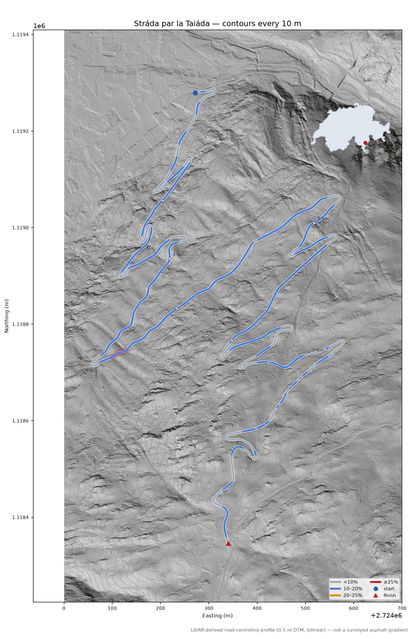 Stráda par la Taiáda LiDAR hillshade map with contours
