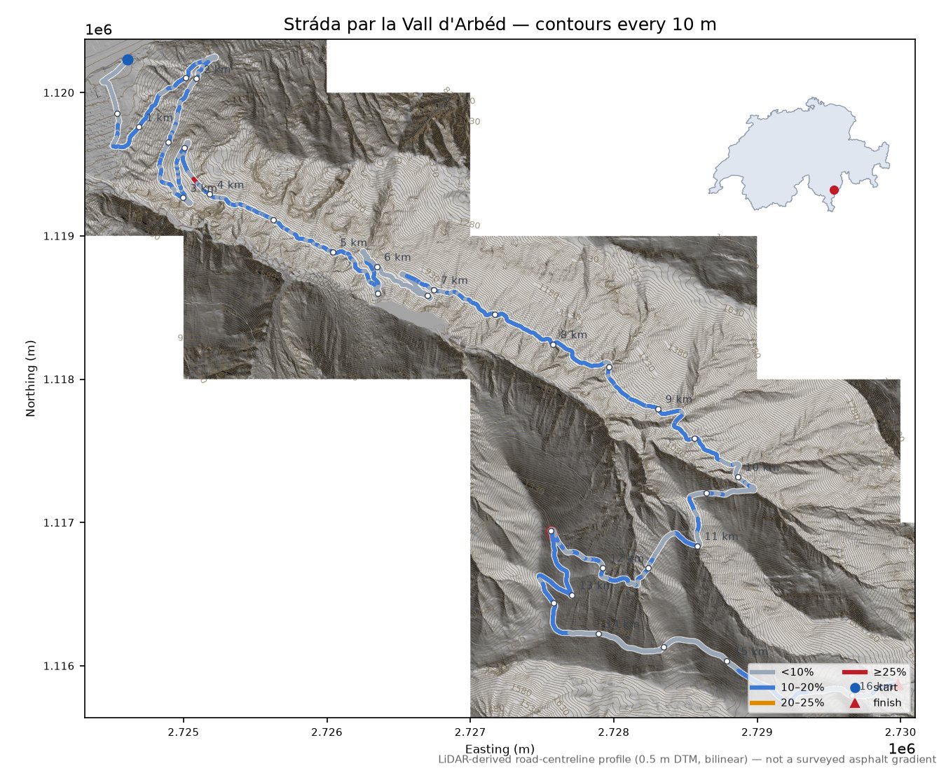Stráda par la Vall d'Arbéd LiDAR hillshade map with contours
