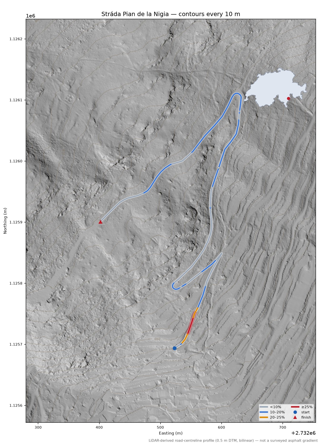 Stráda Pian de la Nigia LiDAR hillshade map with contours