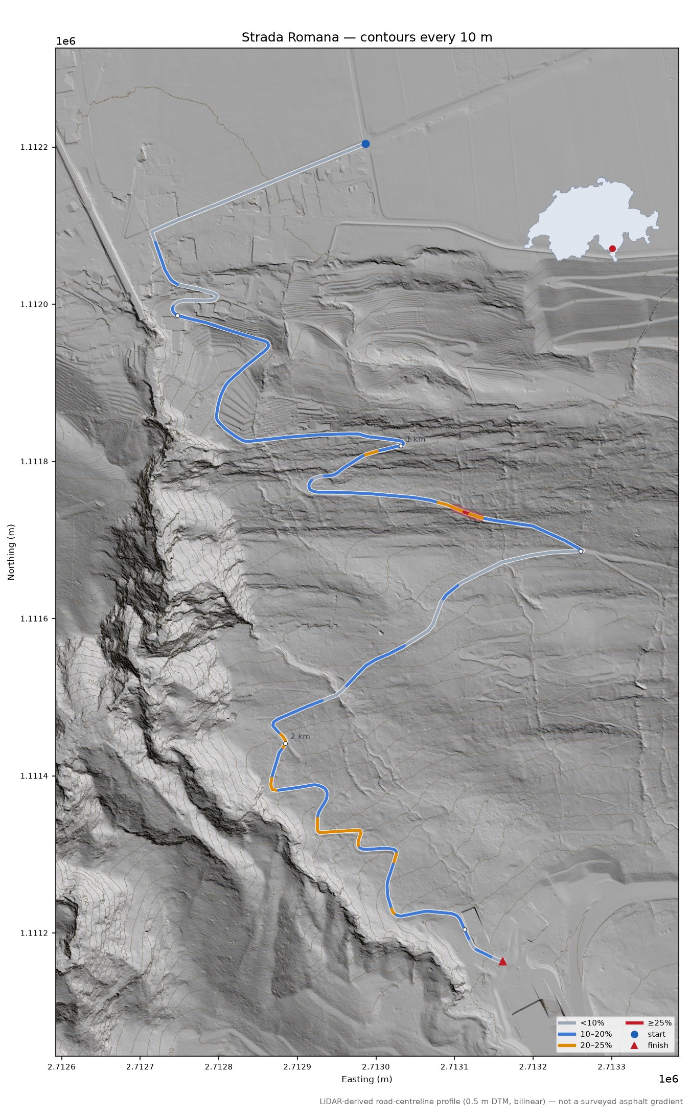 Strada Romana LiDAR hillshade map with contours