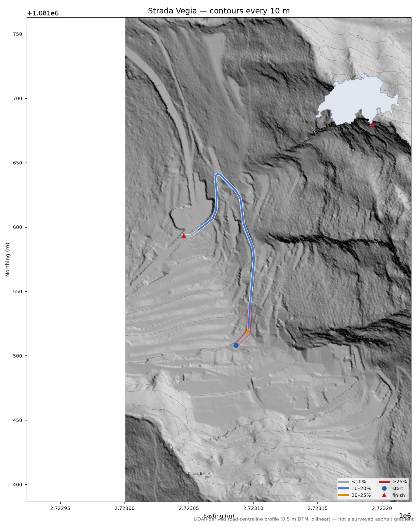 Strada Vegia LiDAR hillshade map with contours