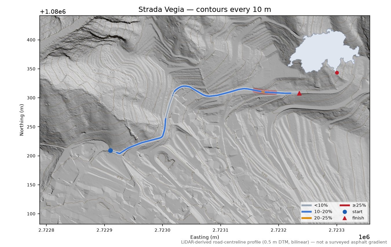 Strada Vegia LiDAR hillshade map with contours