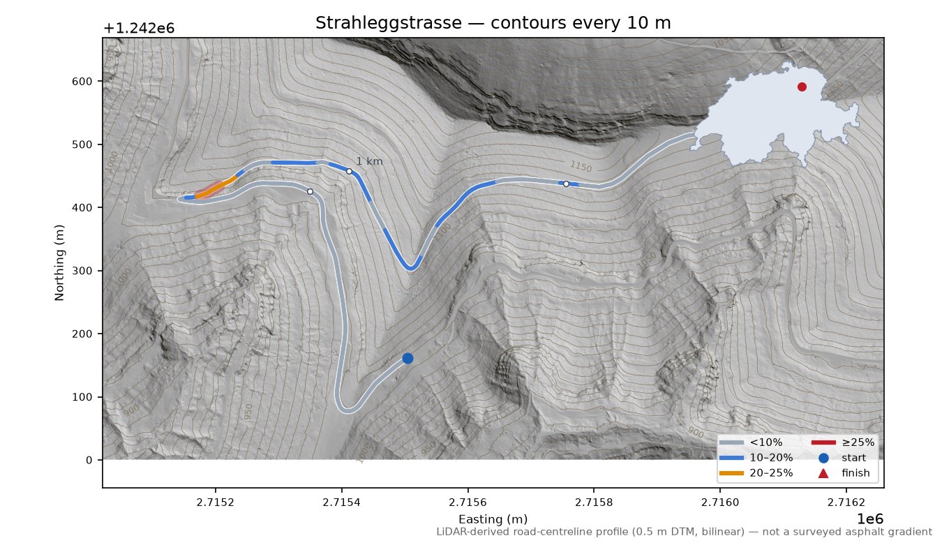 Strahleggstrasse LiDAR hillshade map with contours